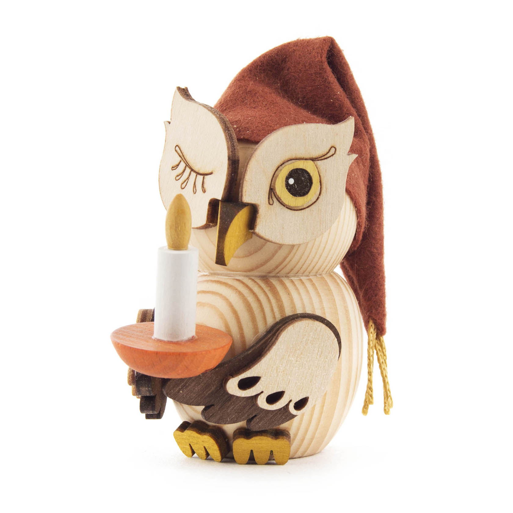 Holzeule mit Schlafmütze und geschlossenen Augen, die eine Kerze in den Flügeln hält. im Dregeno Online Shop günstig kaufen