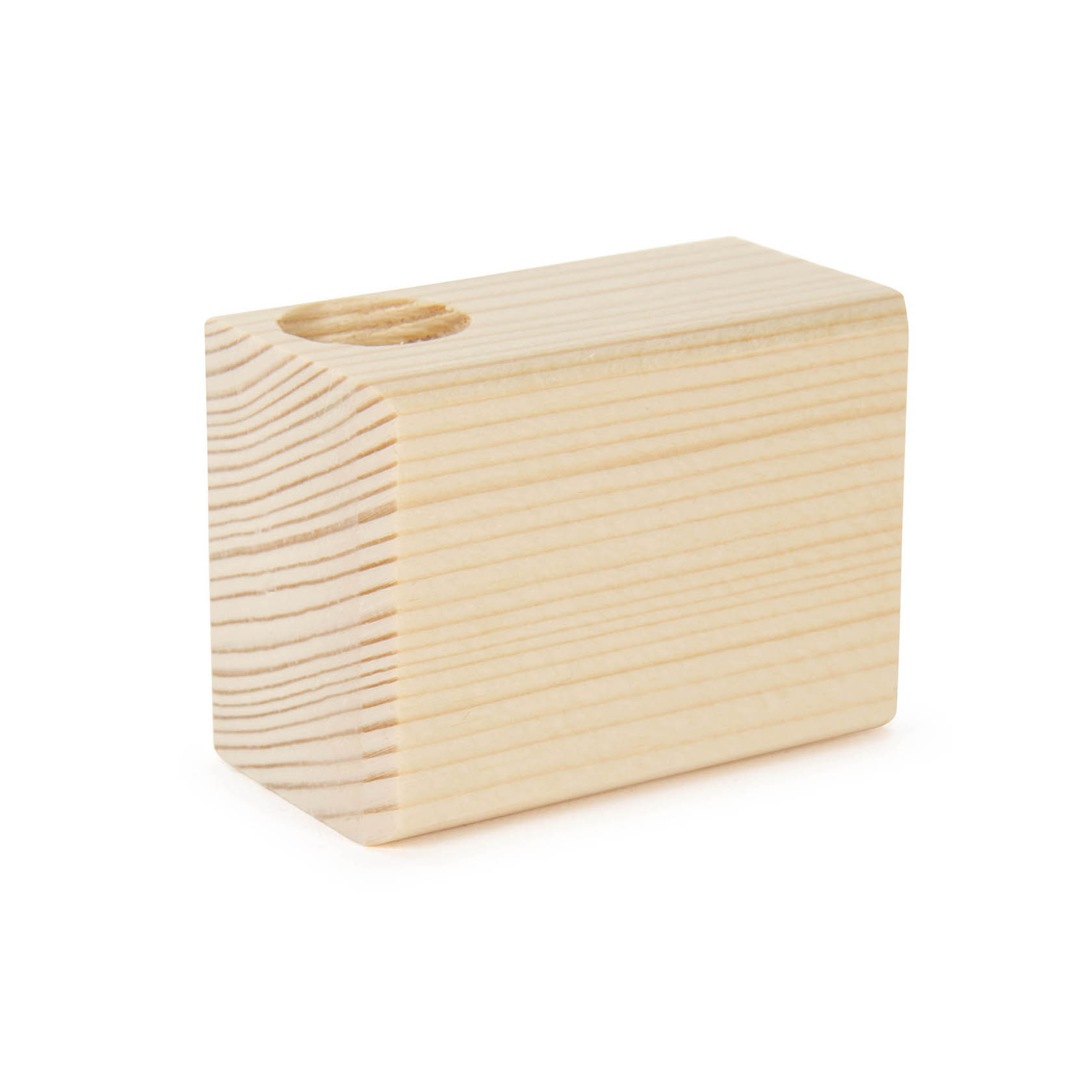 Ein rechteckiger Holzblock mit einer zylindrischen Aussparung oben, um Flaschen oder andere schmale Gegenstände aufzunehmen. im Dregeno Online Shop günstig kaufen