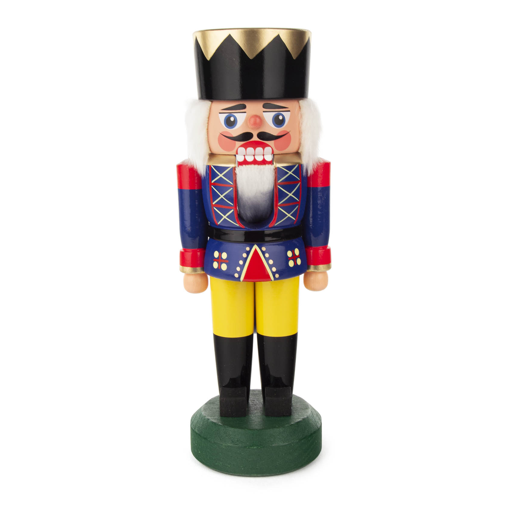 Nussknacker-Figur in Form eines Königs, bekleidet mit blau-gelbem Mantel, gelben Hosen, einem blauen Rock mit rotem Kragen und schwarzen Stiefeln, 21 cm hoch. im Dregeno Online Shop günstig kaufen