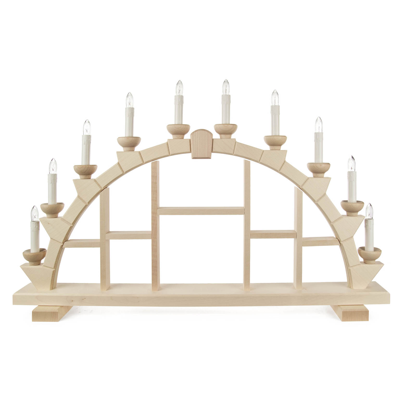 Unbestückter naturfarbener Schwibbogen-Setzkasten aus Holz mit 11 elektrischen Kerzen auf 64 cm Breite. im Dregeno Online Shop günstig kaufen