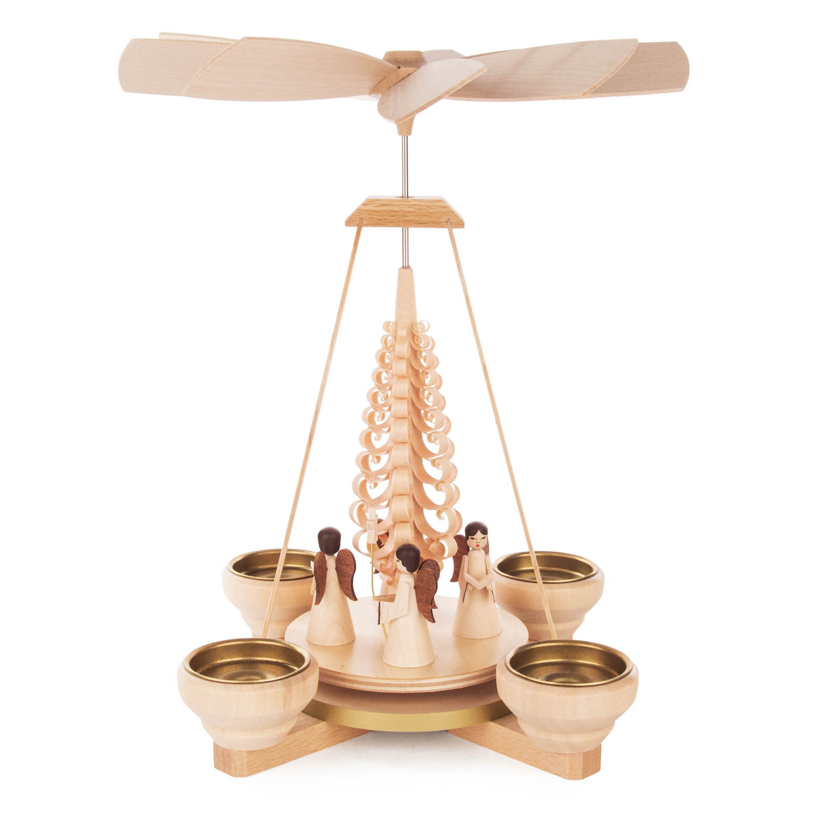 Holzpyramide mit vier Engelfiguren, die Kerzenhalter für Teelichter und eine sich drehende Windmühle darauf haben. im Dregeno Online Shop günstig kaufen