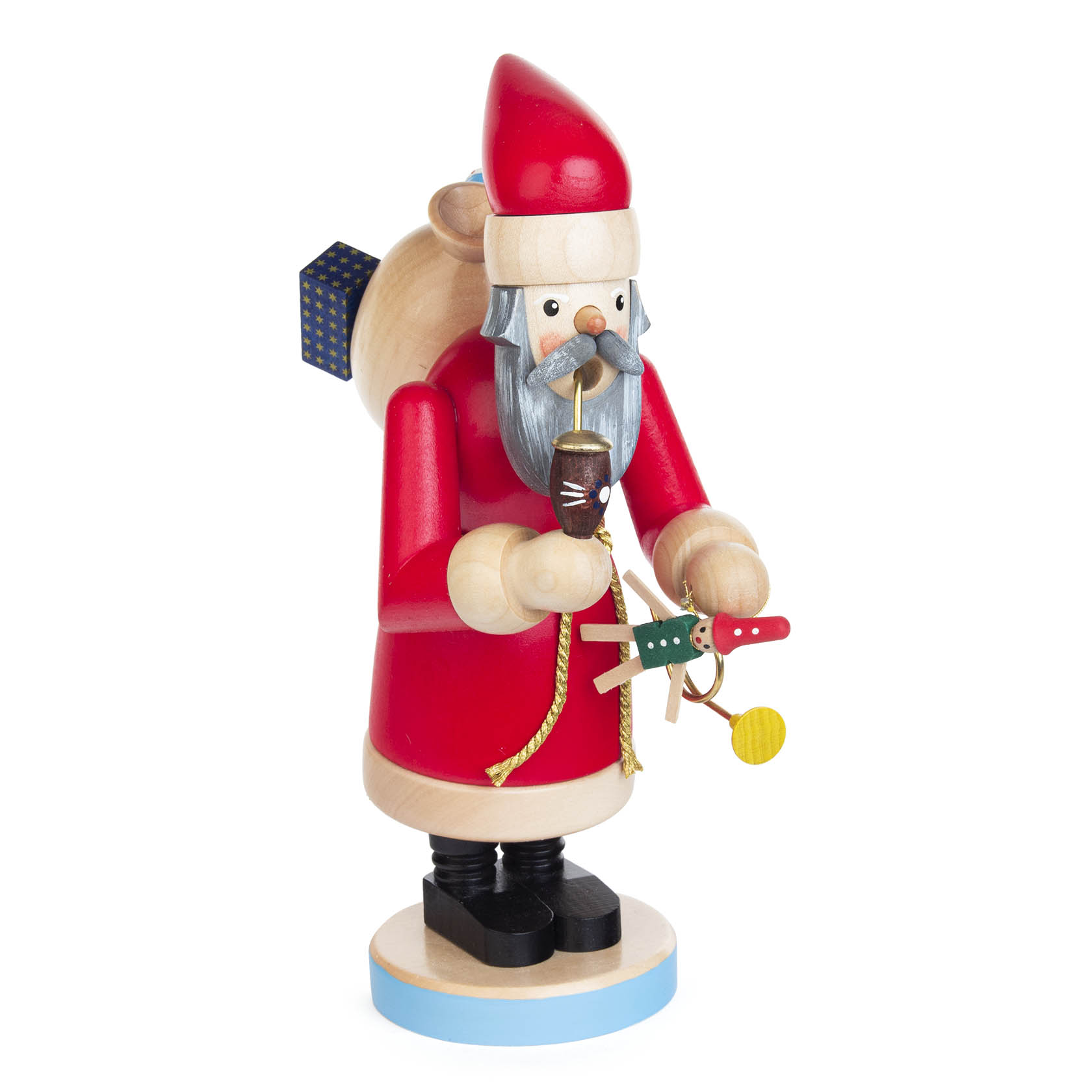 Holzfigur eines Räuchermanns in Form eines Nikolaus, rot gekleidet mit weißem Bart, goldener Kordel, braunem Sack und kleinen Holzspielzeugen. im Dregeno Online Shop günstig kaufen