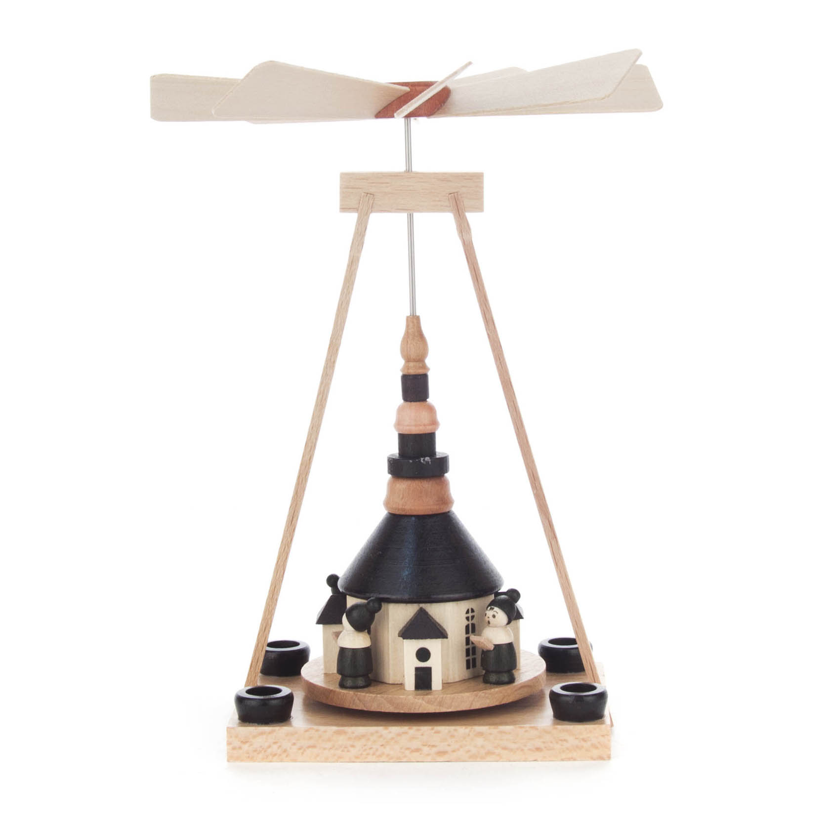 Holzpyramide mit Seiffener Kirche in der Mitte, vier Engel als Figuren rundherum, und einem oben drehbaren Flügelrad. im Dregeno Online Shop günstig kaufen