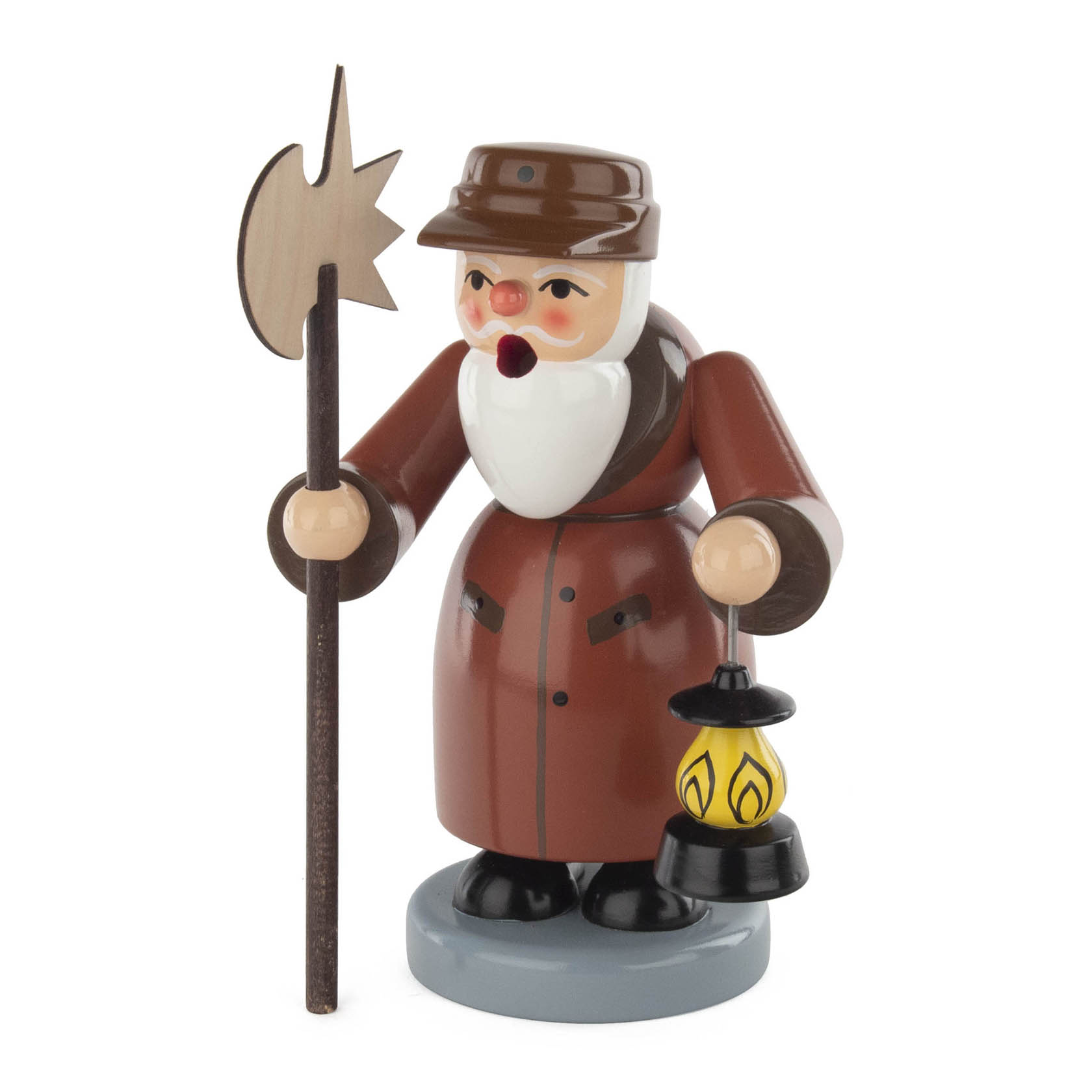 Holzfigur eines Nachtwächters in braunem Mantel und Hut, mit weißem Bart. Hält eine Laterne in der einen Hand und einen Spieß in der anderen. im Dregeno Online Shop günstig kaufen