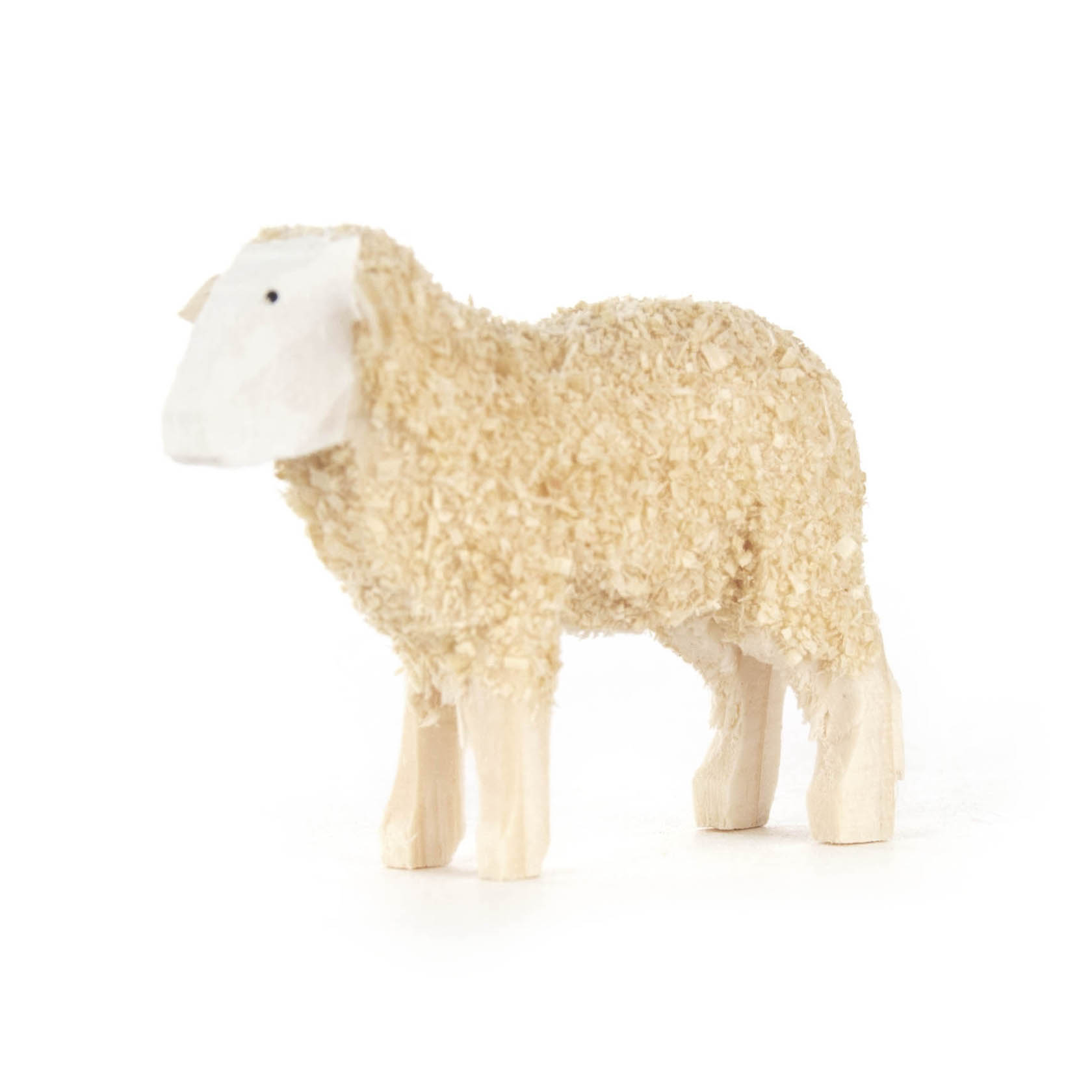 Holzschaf mit wollartiger Oberfläche und weißem Kopf, stehend auf allen vier Beinen. im Dregeno Online Shop günstig kaufen