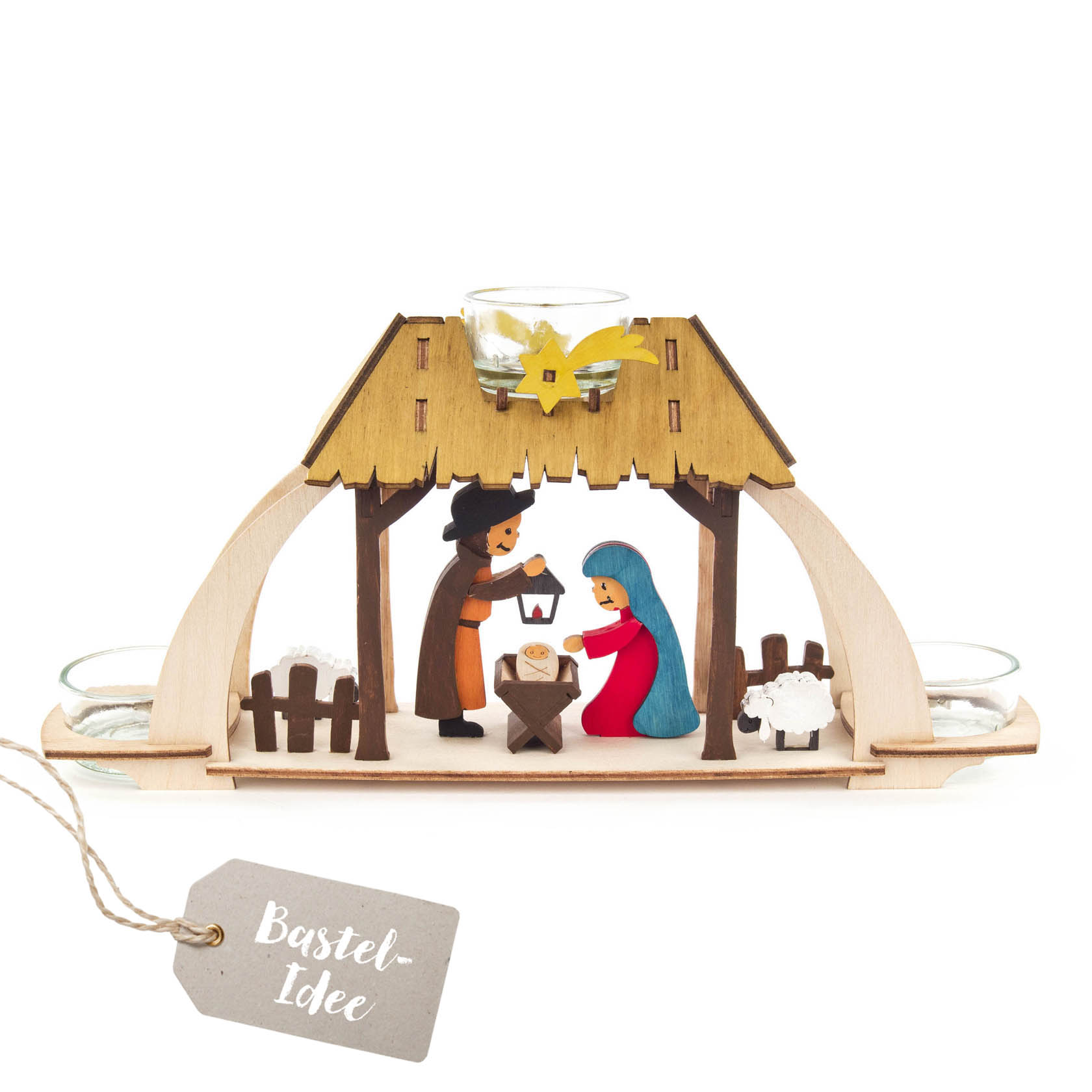 Wooden tea light arch depicting a nativity scene with Mary and Joseph around baby Jesus under a stable, with two sheep at the sides. im Dregeno Online Shop günstig kaufen