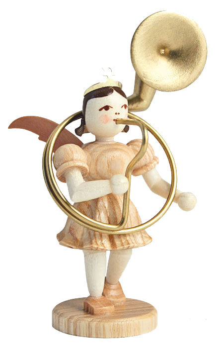 Holzfigur eines Engels mit roséfarbenem Kleid und einem goldfarbenen Sousaphon um den Hals, stehend auf einem runden Sockel. im Dregeno Online Shop günstig kaufen