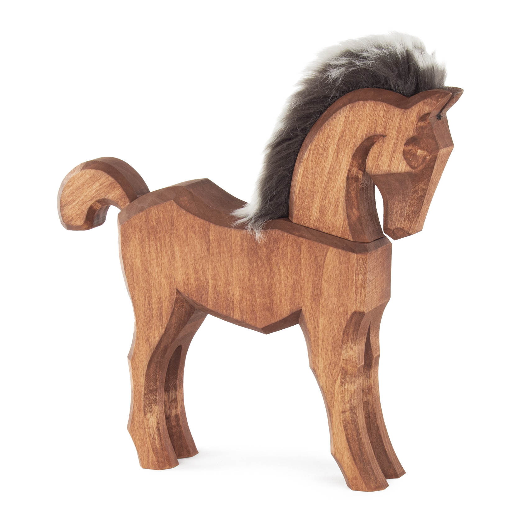 Wooden toy horse named Kometa, with a reddish-brown body and a gray mane. im Dregeno Online Shop günstig kaufen