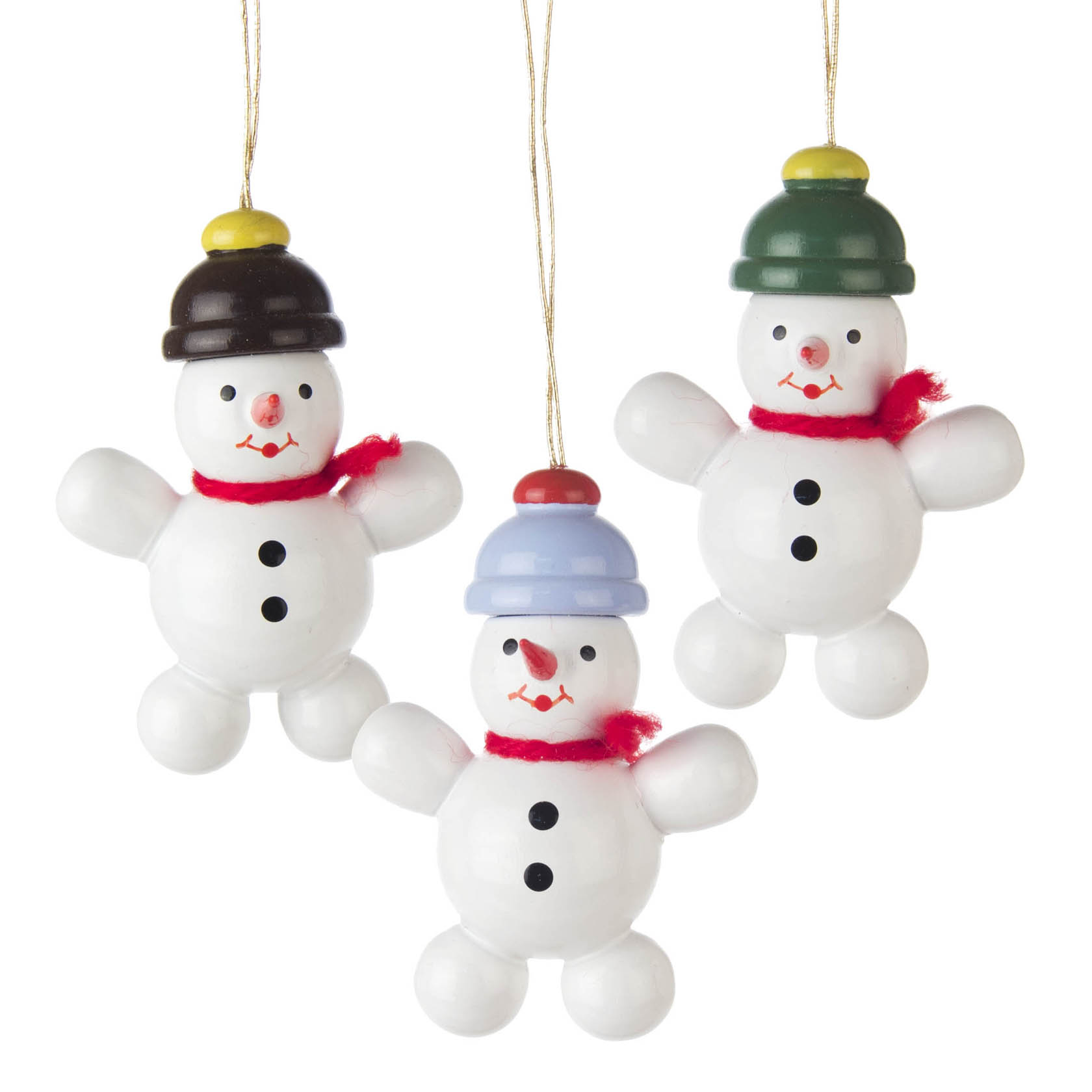 Drei lächelnde Schneemänner mit bunten Hüten und roten Schals als Weihnachtsbaumdekoration an goldenen Fäden. im Dregeno Online Shop günstig kaufen