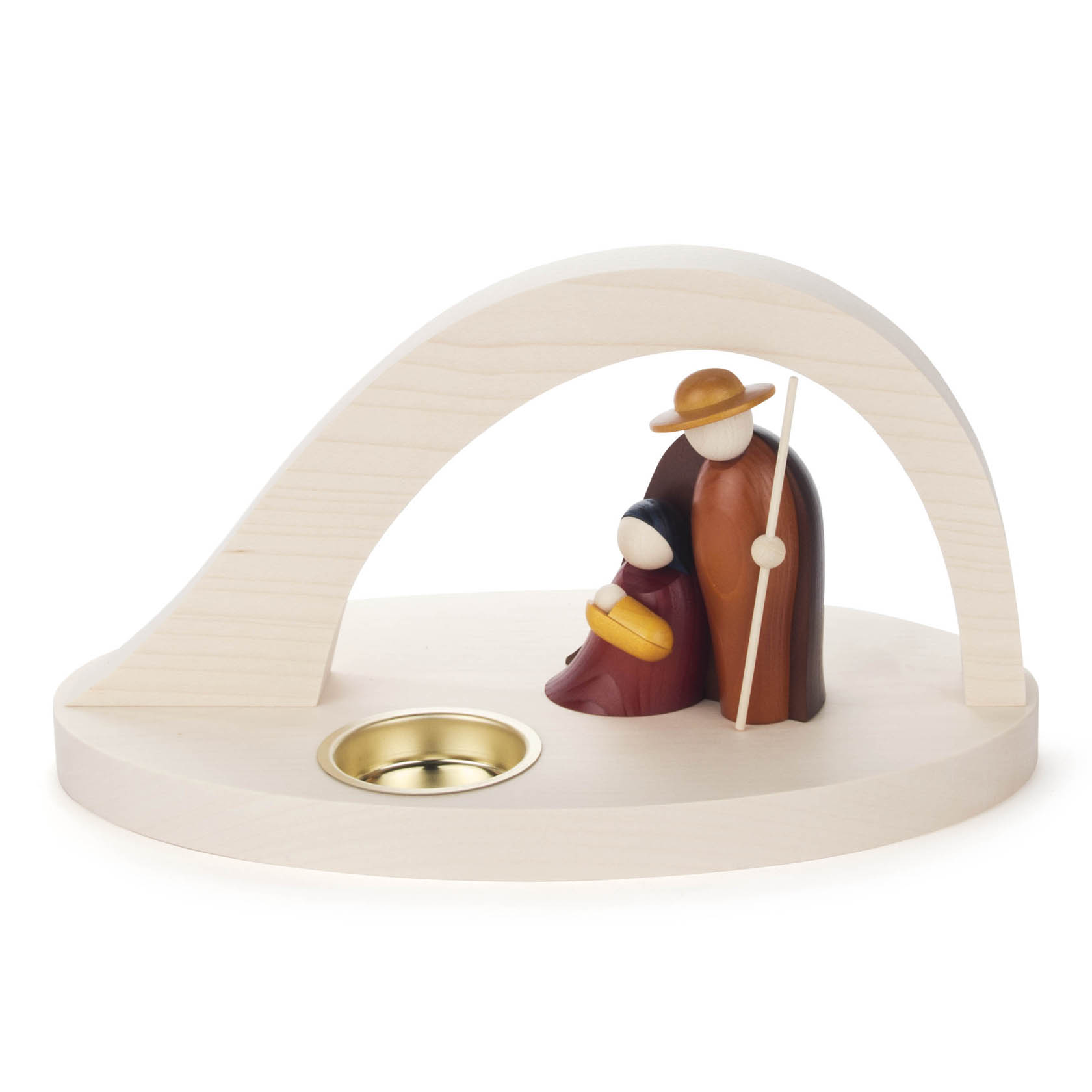 Teelichthalter aus Holz mit einer Figurengruppe: Ein stehender Mann mit Hut und Stab schützt eine sitzende Frau, beide in warmen Farben, unter einem Bogen. im Dregeno Online Shop günstig kaufen