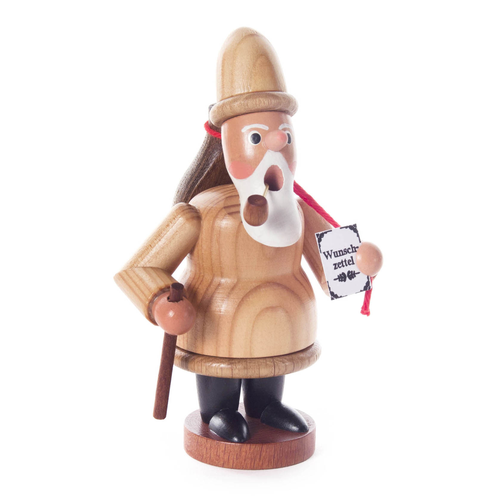 Holzgeschnitzter Räuchermann in Form eines Weihnachtsmannes mit Bart und Holzsack, hält einen Wunschzettel und einen Stock. im Dregeno Online Shop günstig kaufen