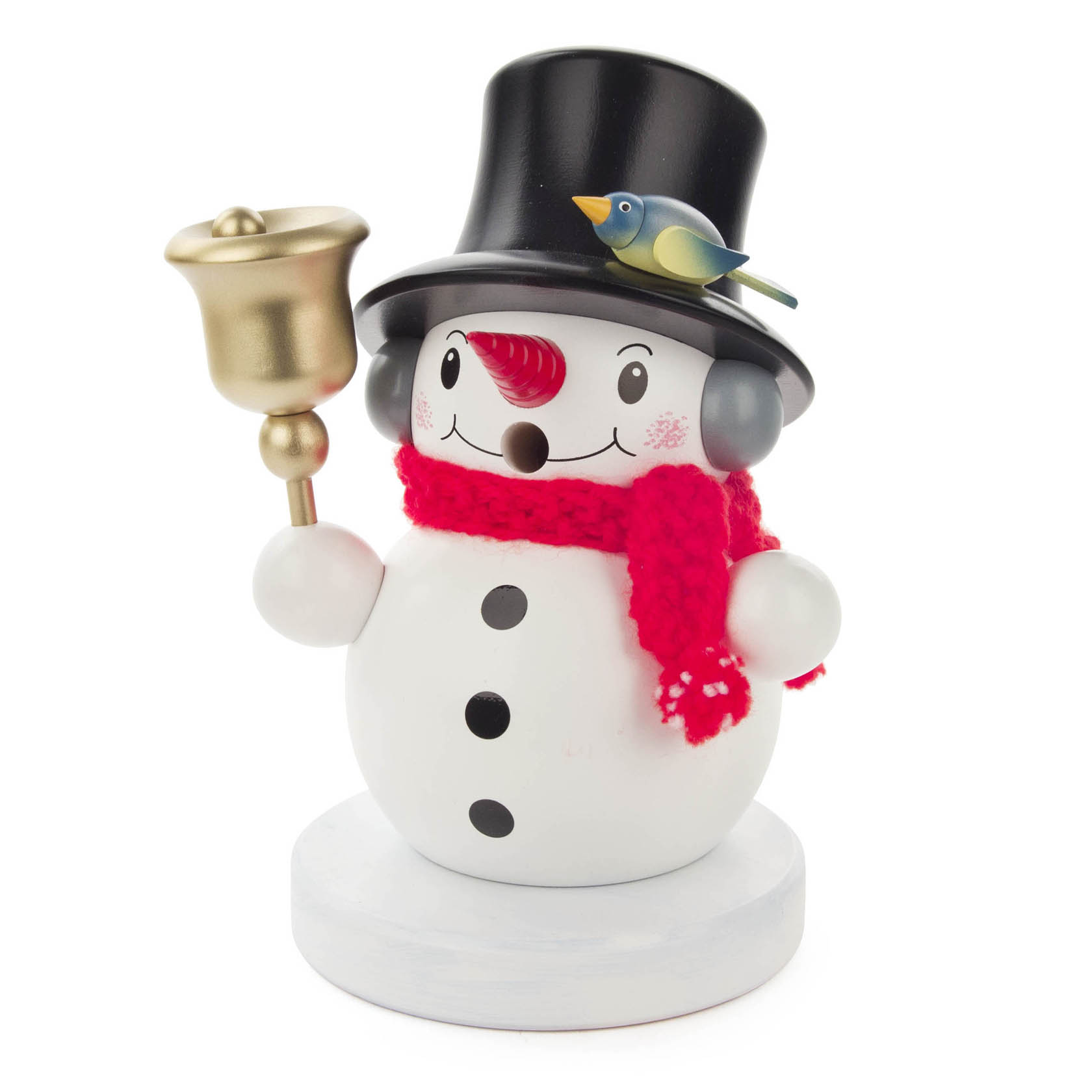 Ein Räuchermann in Form eines Schneemanns mit schwarzem Zylinder, rotem Schal und einer goldenen Glocke in der Hand. Ein blauer Vogel sitzt auf dem Hut. im Dregeno Online Shop günstig kaufen