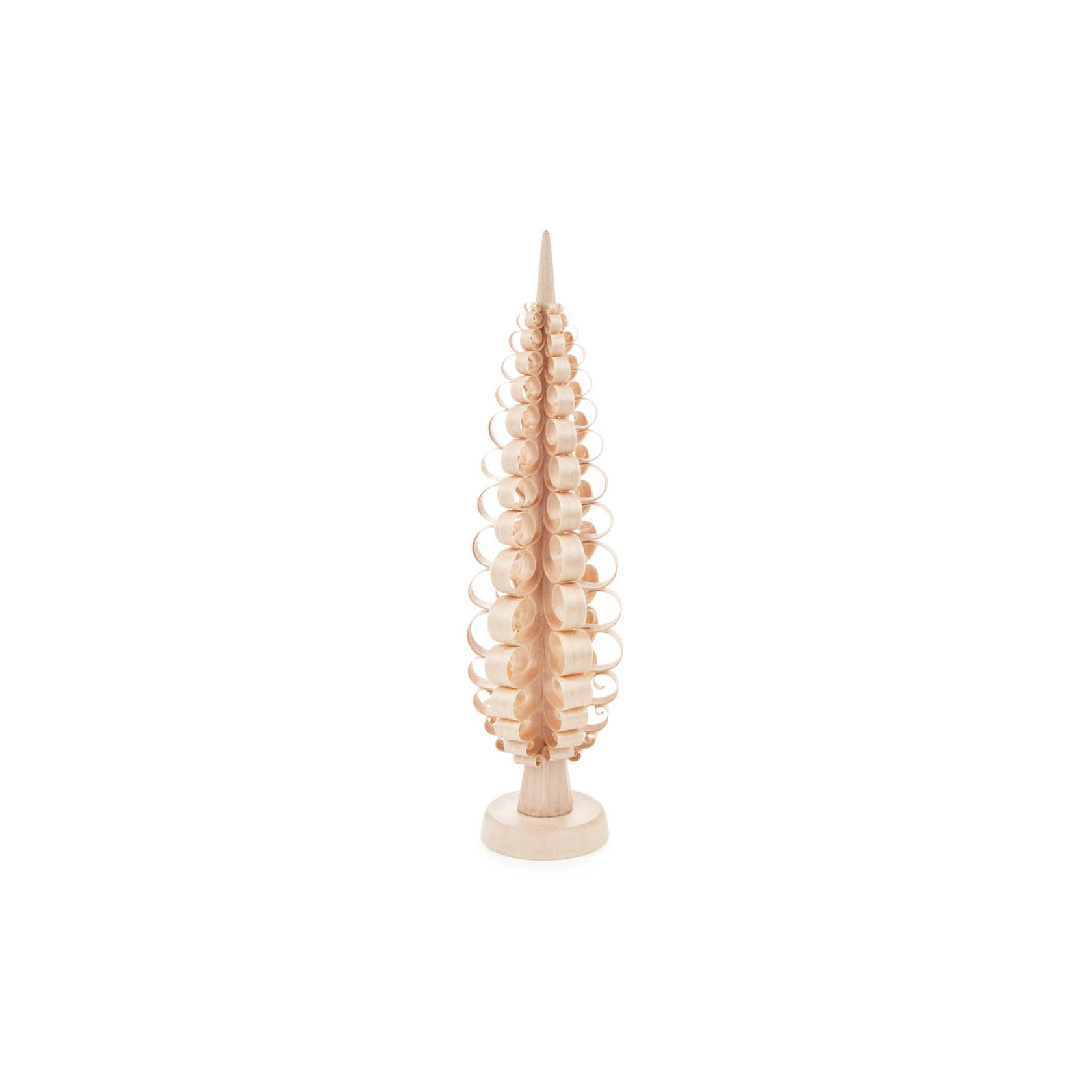 Ein 18 cm hoher natürlicher Spanbaum mit spiralförmig angeordneten Holzspänen auf einem runden Sockel. im Dregeno Online Shop günstig kaufen