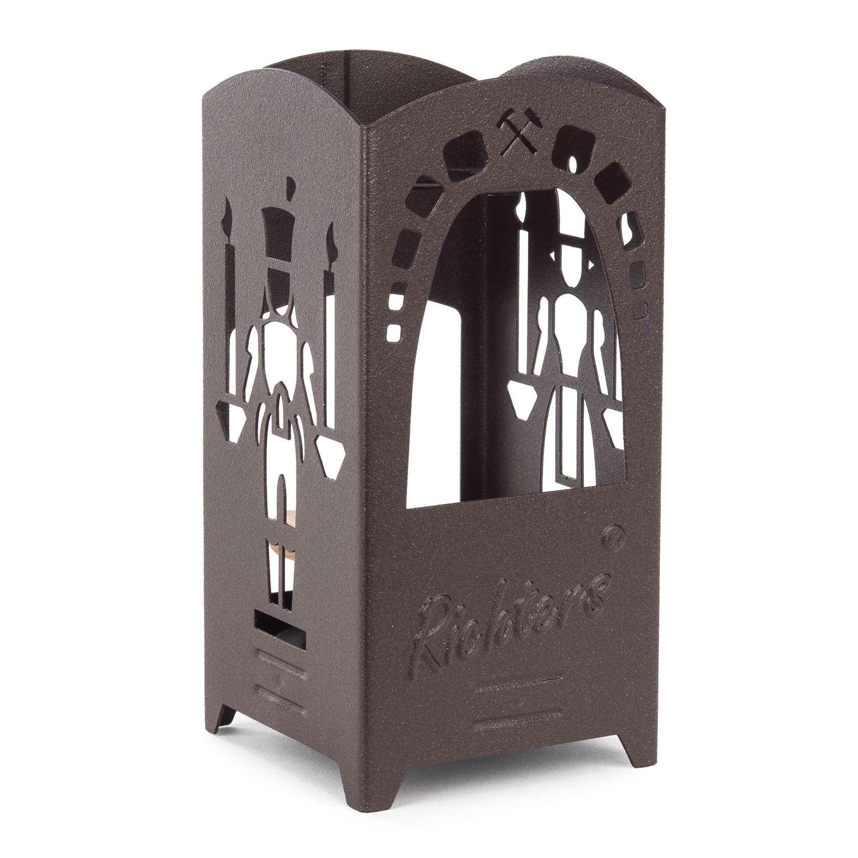 A gray-brown smoker lantern with cut-out designs of a miner and angel, designed to hold all sizes of incense cones, featuring an ash tray and space for tea lights.