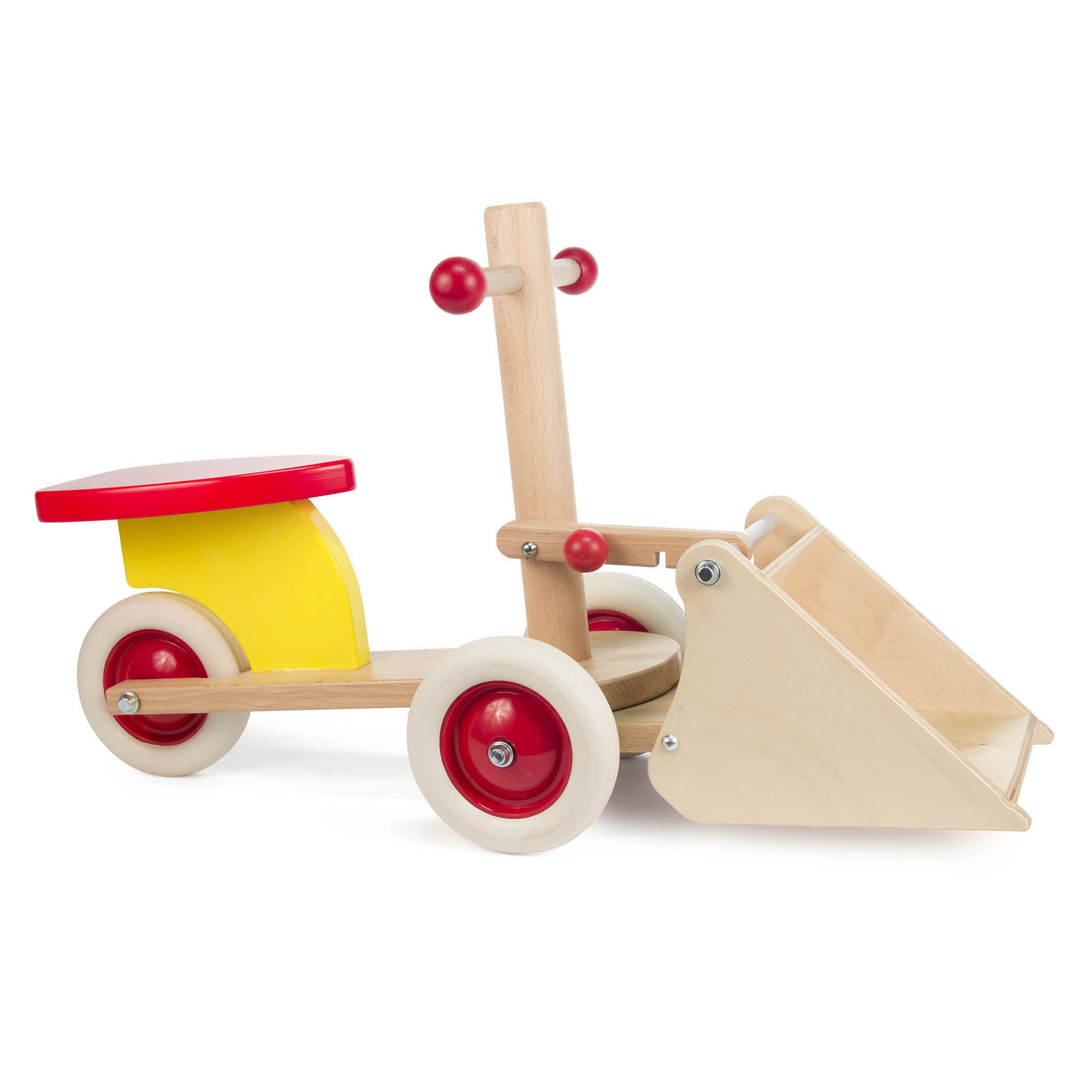 Ein hölzerner Kinderrutscher namens 'Dumpo' in Form eines Baggers mit roten und gelben Elementen und einem vorderen Schaufelaufsatz. im Dregeno Online Shop günstig kaufen