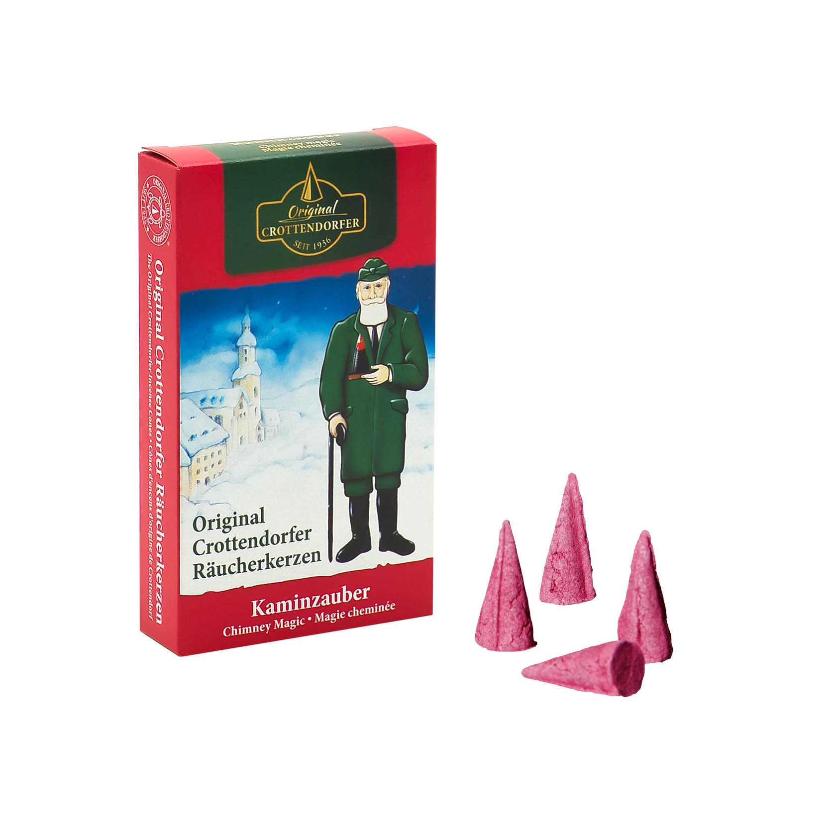 Packung Crottendorfer Räucherkerzen mit der Aufschrift 'Kaminzauber', umgeben von mehreren losen Räucherkegeln, einer davon rauchend. im Dregeno Online Shop günstig kaufen