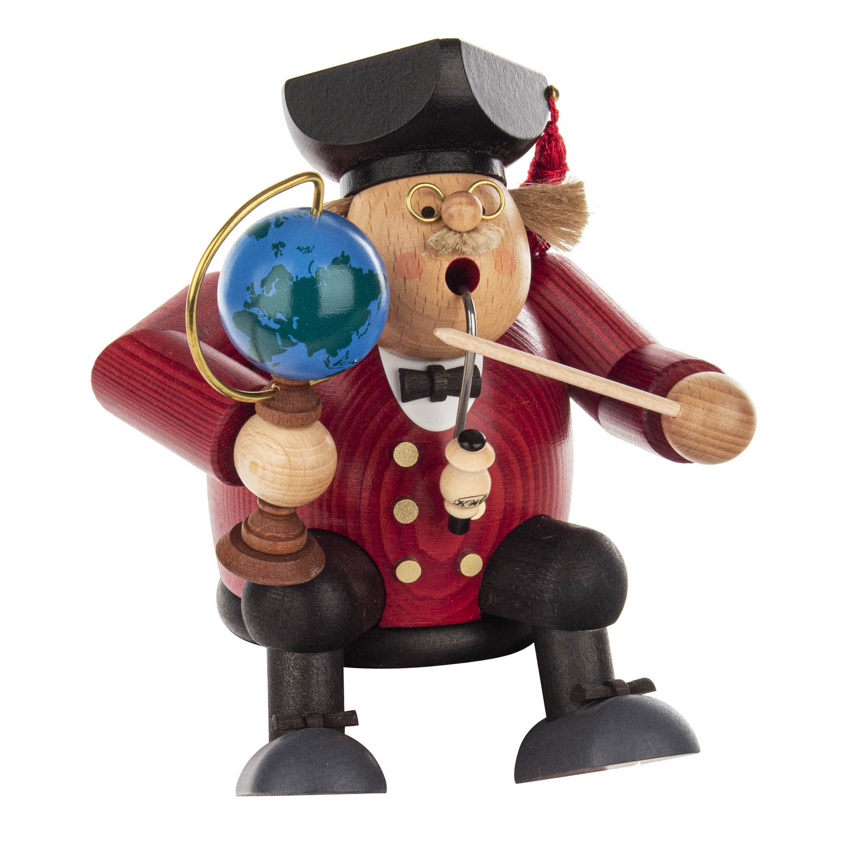 Holzfigur eines Professors mit Brille und schwarzem Hut, der eine Pfeife raucht und eine Weltkugel sowie einen Zeigestock hält. Er trägt eine rote Jacke. im Dregeno Online Shop günstig kaufen
