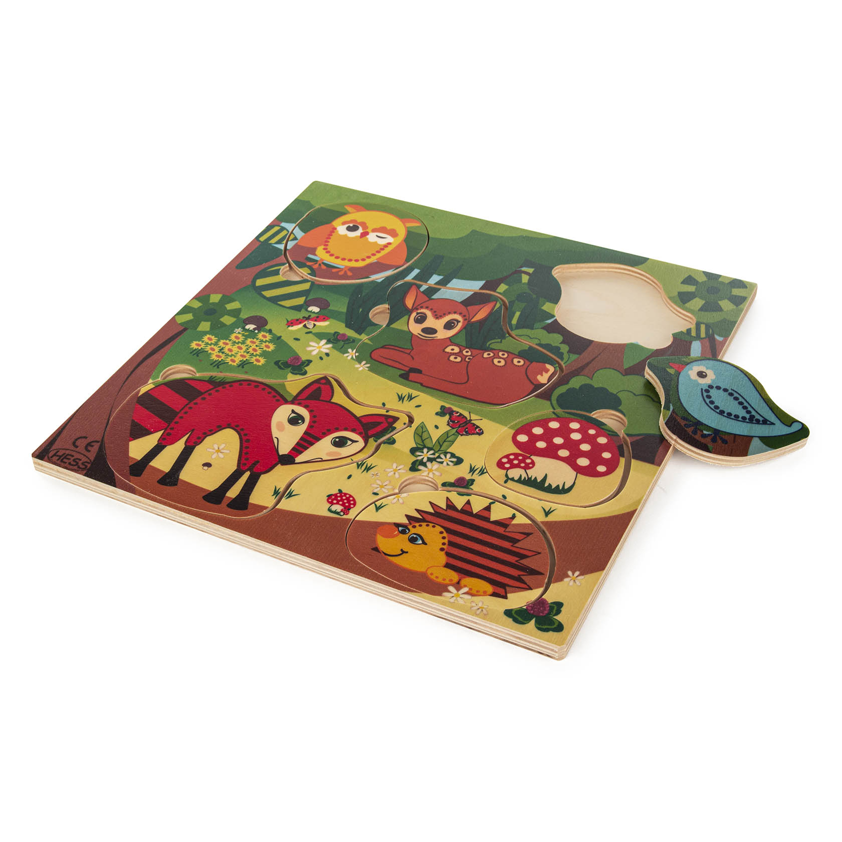 Ein Kinderpuzzle mit Waldtieren. Abgebildet sind ein Fuchs, ein Igel und ein Reh. Ein Vogel als Puzzle-Stück ist daneben gelegt. im Dregeno Online Shop günstig kaufen