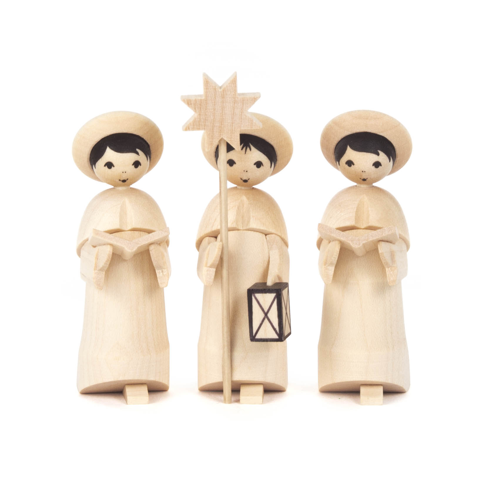 Drei naturfarbene Kurrendefiguren, zwei mit Büchern in den Händen, die mittlere Figur hält einen Stern und eine Laterne. im Dregeno Online Shop günstig kaufen
