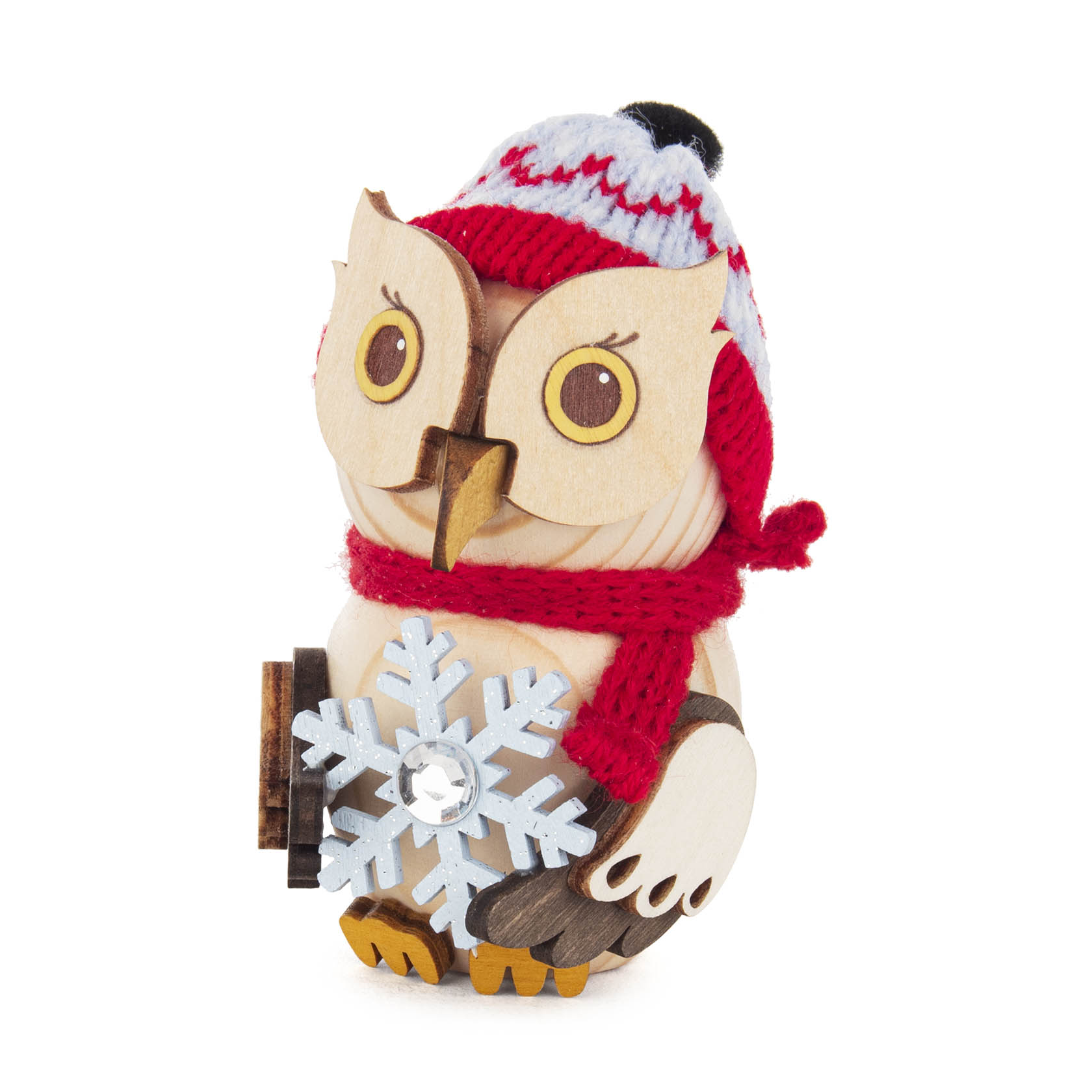 Holzeule mit rotem Schal und Mütze, hält einen blauen Schneekristall mit glitzerndem Zentrum in der Hand. im Dregeno Online Shop günstig kaufen