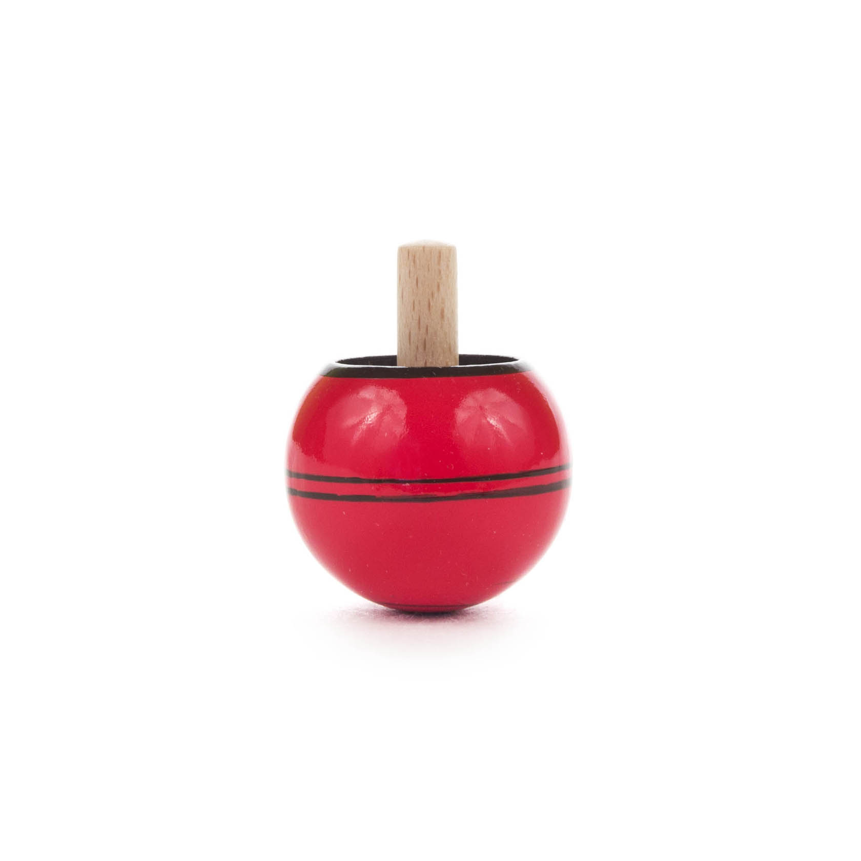 Ein Steh-Auf-Kreisel in leuchtendem Rot mit einem Holzgriff und zwei schwarzen Streifen. im Dregeno Online Shop günstig kaufen