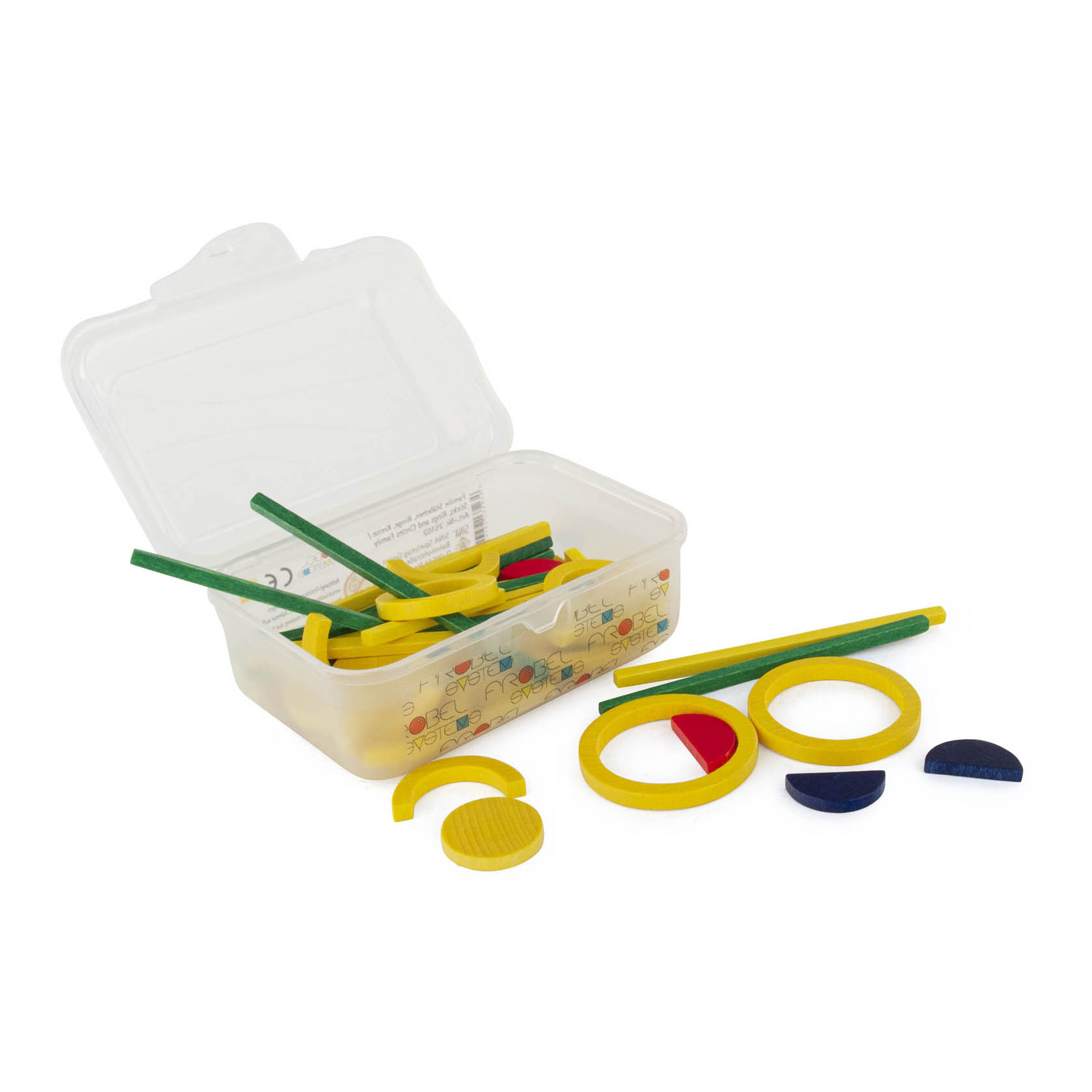 A clear plastic box filled with colorful wooden game pieces including rods, rings, and semi-circles in yellow, green, red, and blue. im Dregeno Online Shop günstig kaufen