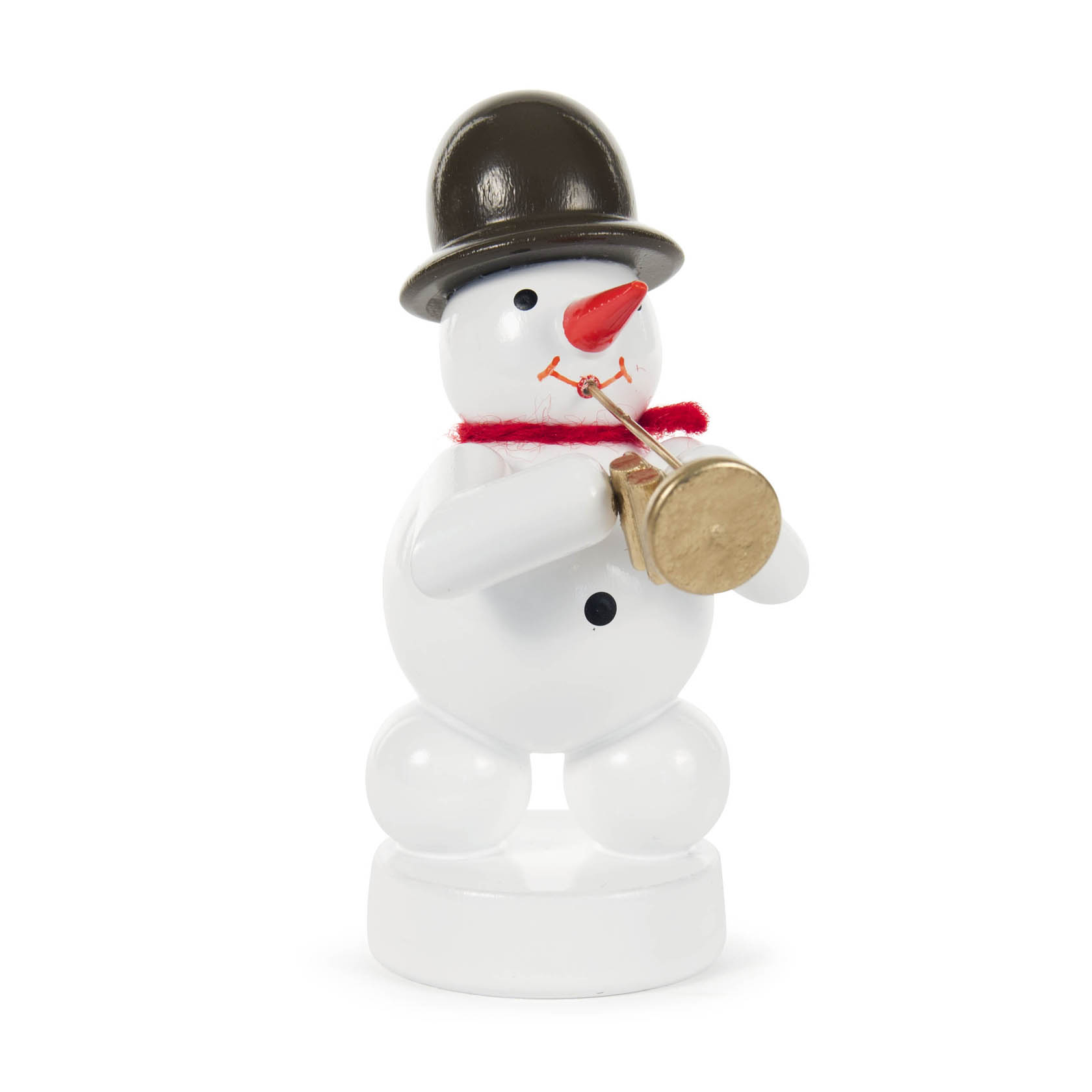 Ein Schneemann mit schwarzem Zylinder und rotem Schal spielt eine goldene Trompete. im Dregeno Online Shop günstig kaufen