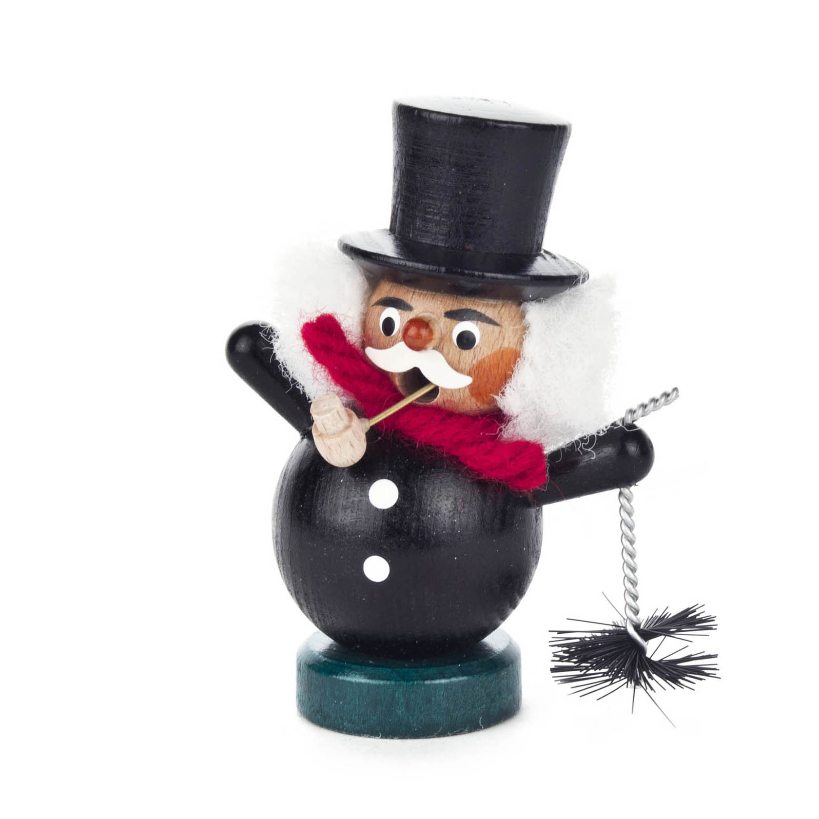 Ein Mini-Räuchermann in Form eines Schornsteinfegers mit Zylinder, weißem Schal, rotem Kragen und einem Besen in der Hand. im Dregeno Online Shop günstig kaufen