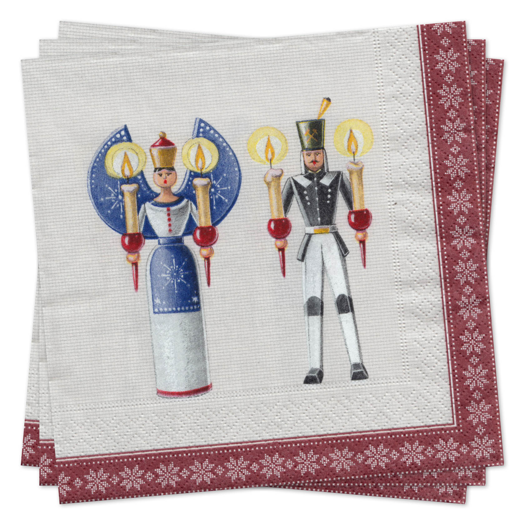 Papierservietten mit einem aufgedruckten Engel und einem Bergmann, die jeweils Kerzen halten. Der Engel ist blau und rot gekleidet, der Bergmann schwarz-weiß. im Dregeno Online Shop günstig kaufen