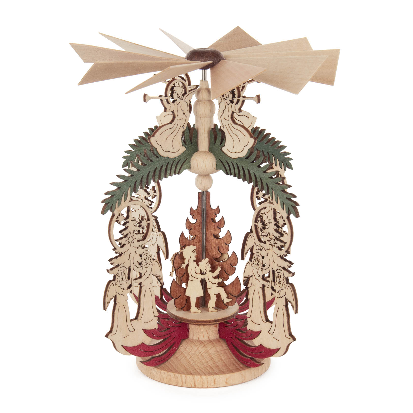 Ein hölzerner, dekorativer Weihnachtspyramiden-Drehspiel mit Darstellungen von Engeln, Kinderfiguren und einem Weihnachtsmann in einem Baumdesign.