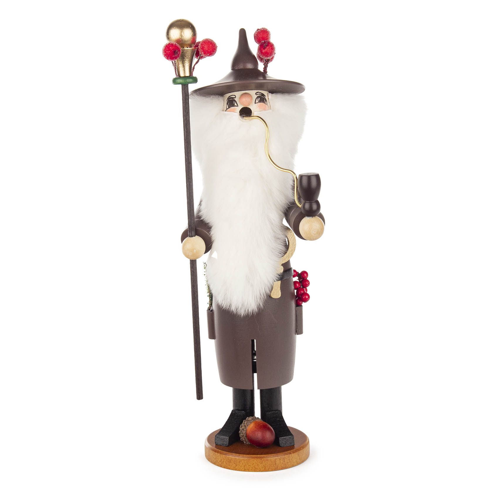 A wooden smoking figure of a Druid with a long white beard, wearing a brown robe and hat, holding a staff with golden sphere and red accents, and a pipe. im Dregeno Online Shop günstig kaufen