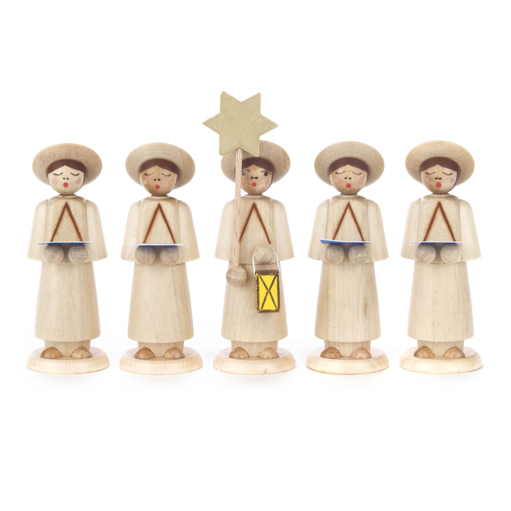 Fünf Kurrendefiguren aus Holz, jede mit rundem Hut und Notenblatt. Eine Figur hält ein gelbes Laterne und einen Stern. im Dregeno Online Shop günstig kaufen