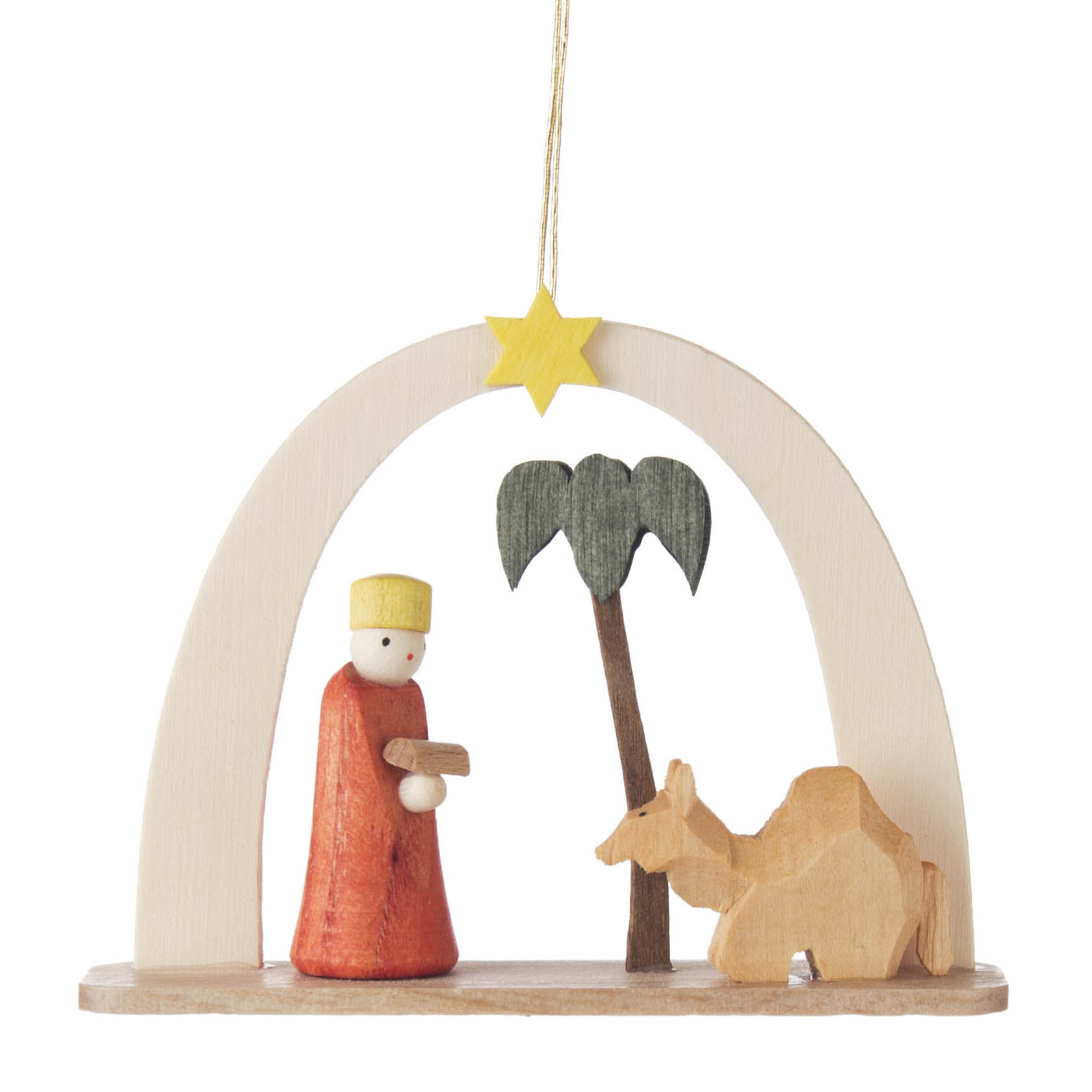 Holzfigur eines Königs in rotem Gewand mit einem Geschenk in den Händen, neben einem knienden Kamel und einer Palme unter einem gelben Stern. im Dregeno Online Shop günstig kaufen