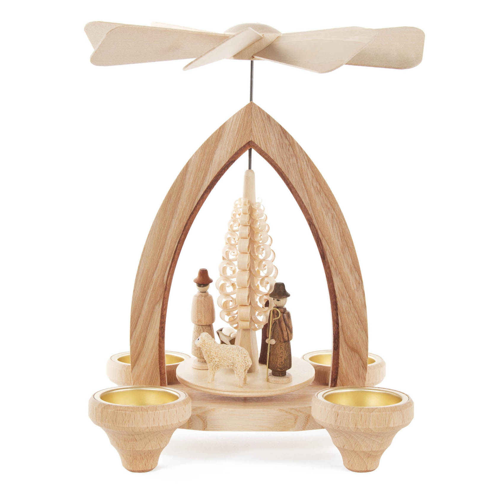 Holzpyramide zur Darstellung der Geburt Christi, zentral ein geschnitztes Bäumchen mit Maria, Josef, dem Jesuskind und einem Schäfer mit Schafen.