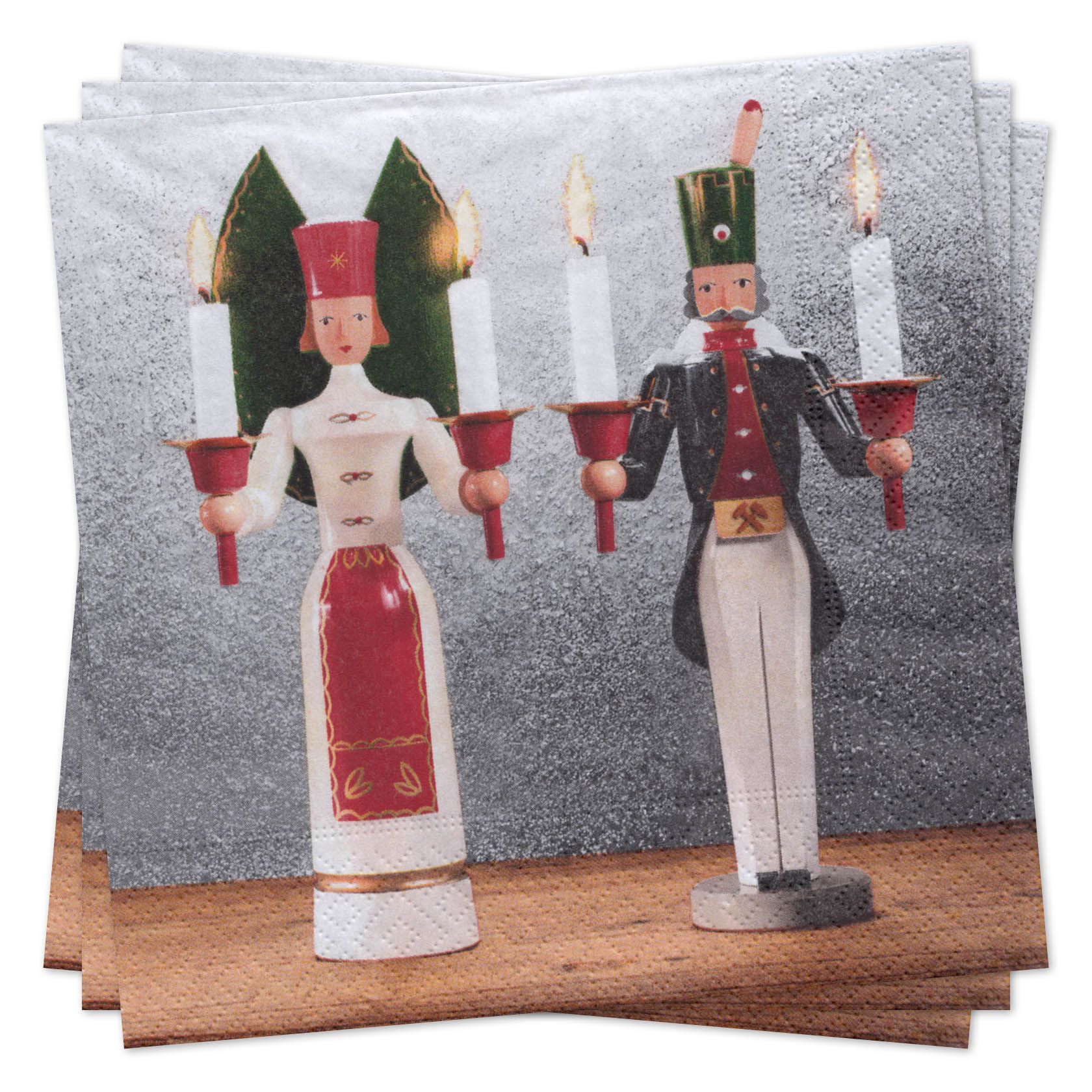 Zwei traditionelle Holzfiguren aus dem Erzgebirge: ein Engel und ein Bergmann, beide halten Kerzen in Händen. Der Engel trägt ein rotes Kleid, der Bergmann eine Uniform. im Dregeno Online Shop günstig kaufen