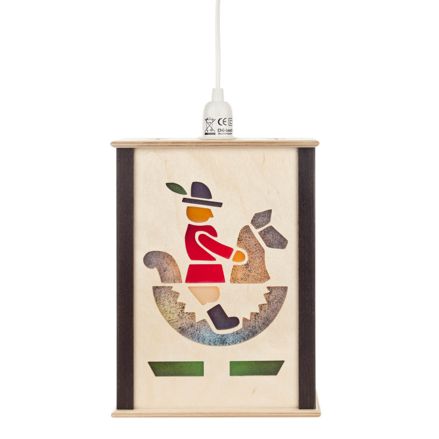 Holzlaterne mit Motiv eines Reiters auf einem Schaukelpferd in Rot und Braun, beleuchtet von innen. im Dregeno Online Shop günstig kaufen