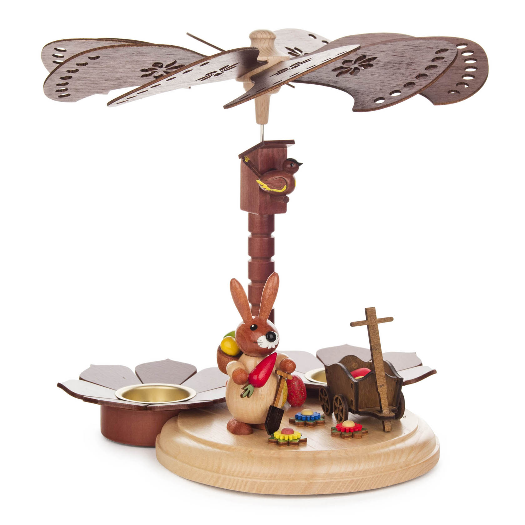 Holzpyramide mit drehbarem Flügel, Hase mit roter Weste an einem Handwagen, Tulpenförmige Teelicht-Halterungen. im Dregeno Online Shop günstig kaufen