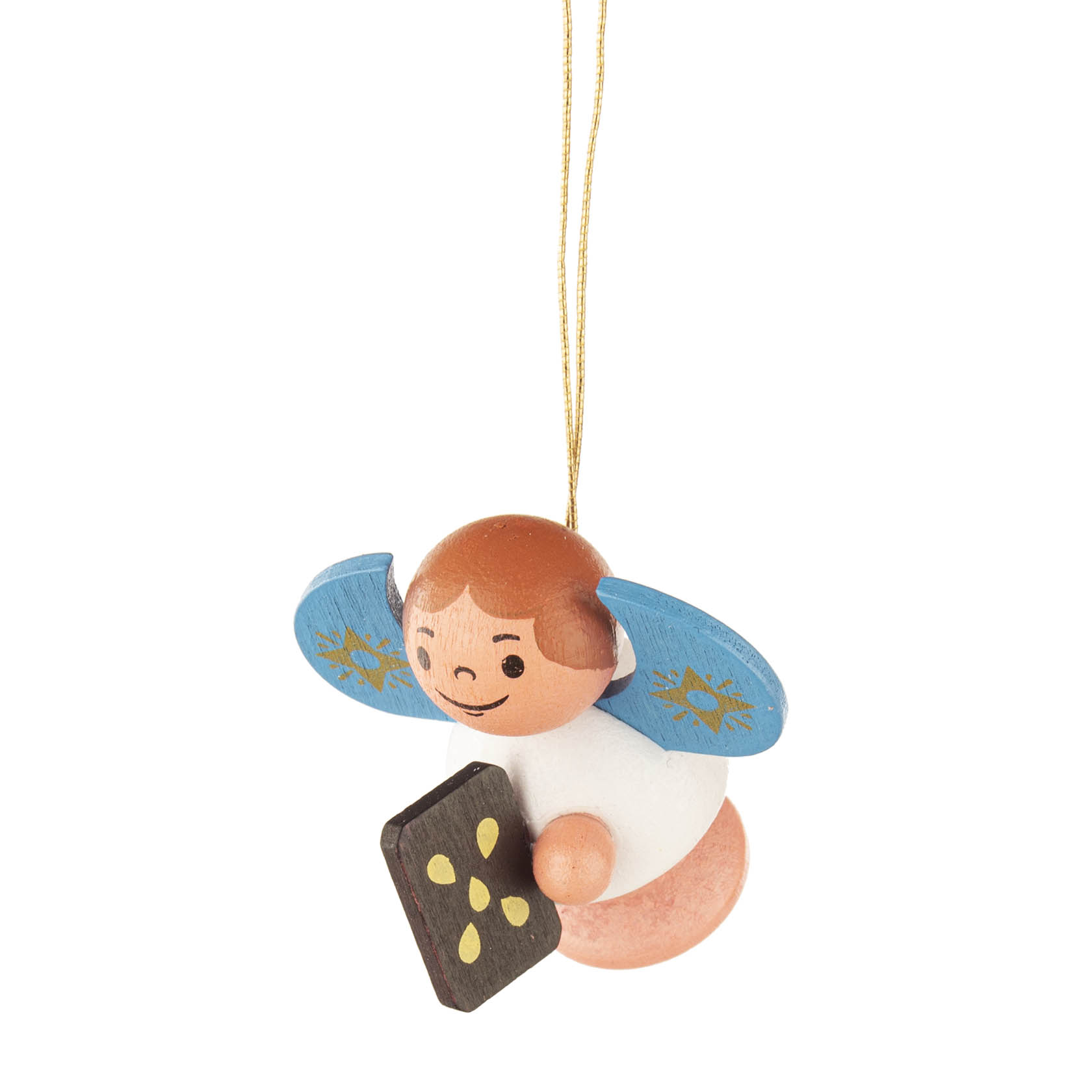 A colorful angel ornament with blue wings and a smiling face, holding a gingerbread cookie. It's designed for hanging. im Dregeno Online Shop günstig kaufen