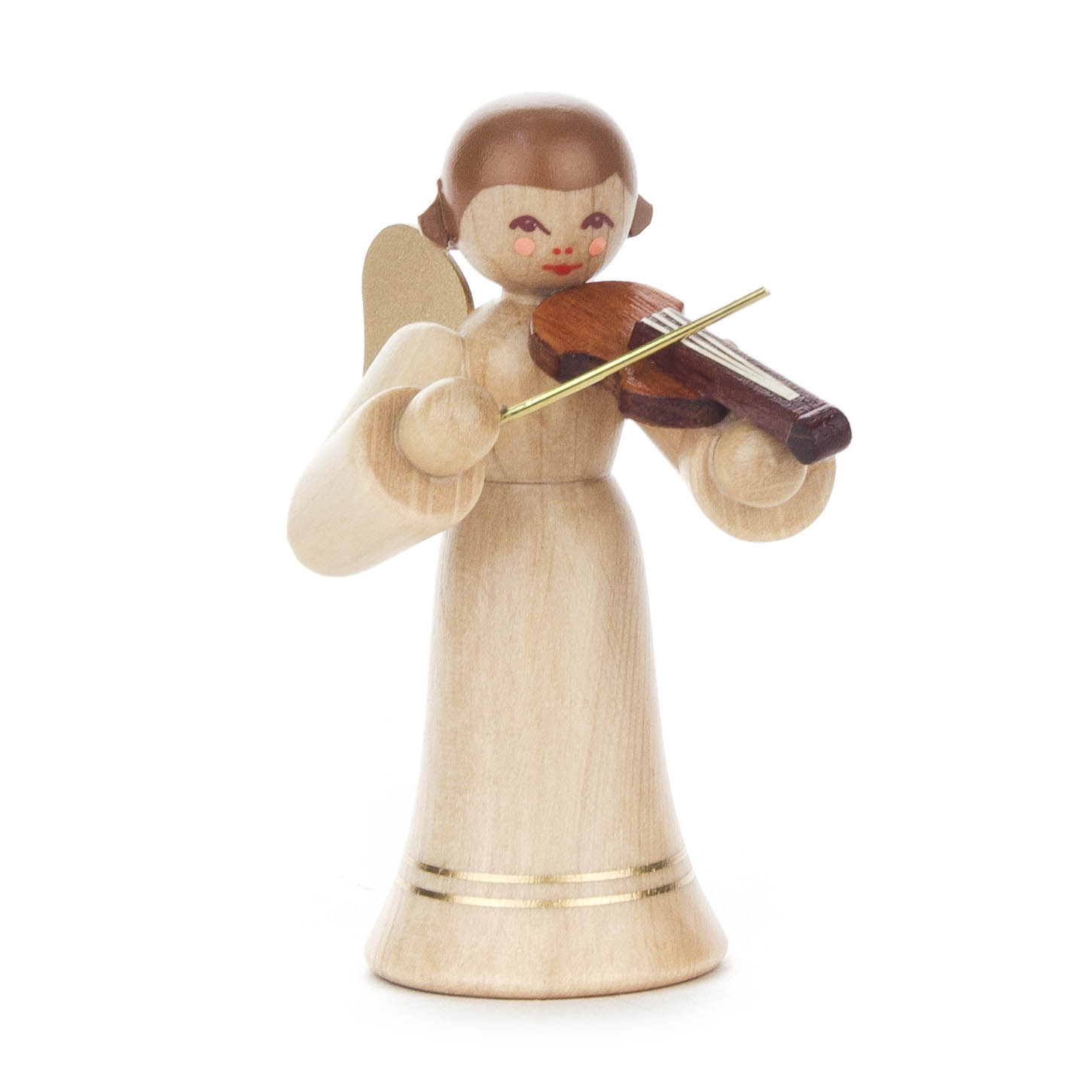 Holzfigur eines Engels mit braunem Haar, der eine Geige spielt. Der Engel trägt ein naturbelassenes langes Gewand und hat Flügel. im Dregeno Online Shop günstig kaufen