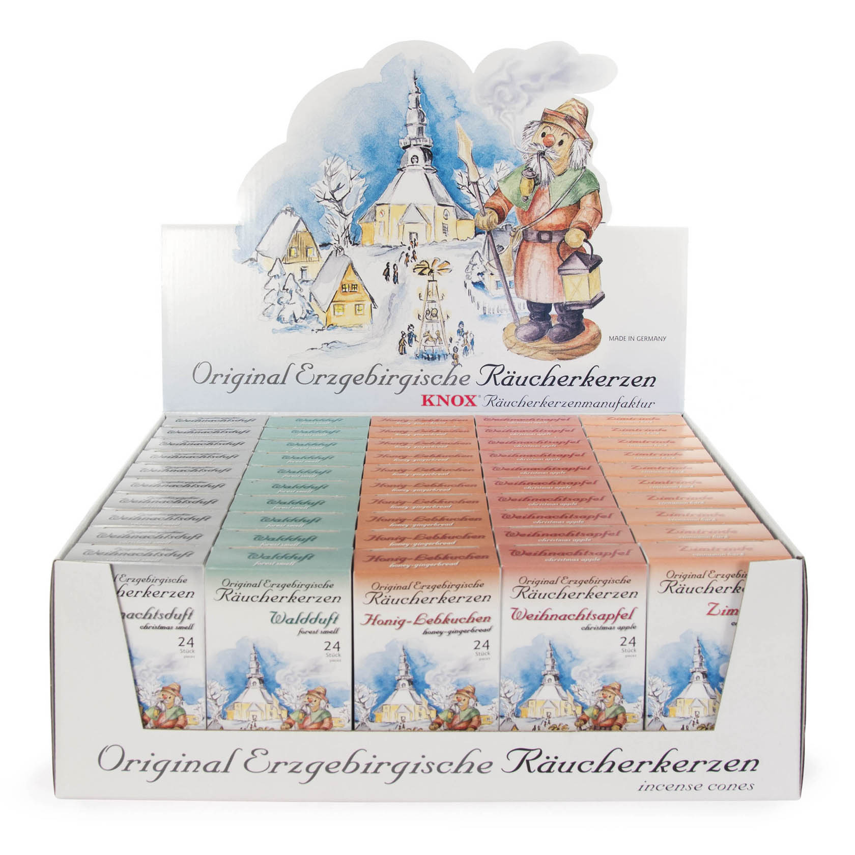 Eine Auslage mit mehreren Packungen KNOX Räucherkerzen, illustriert mit einem Erzgebirgsmotiv. Verschiedene Duftrichtungen wie Waldduft und Honig-Lebkuchen sind sichtbar. im Dregeno Online Shop günstig kaufen