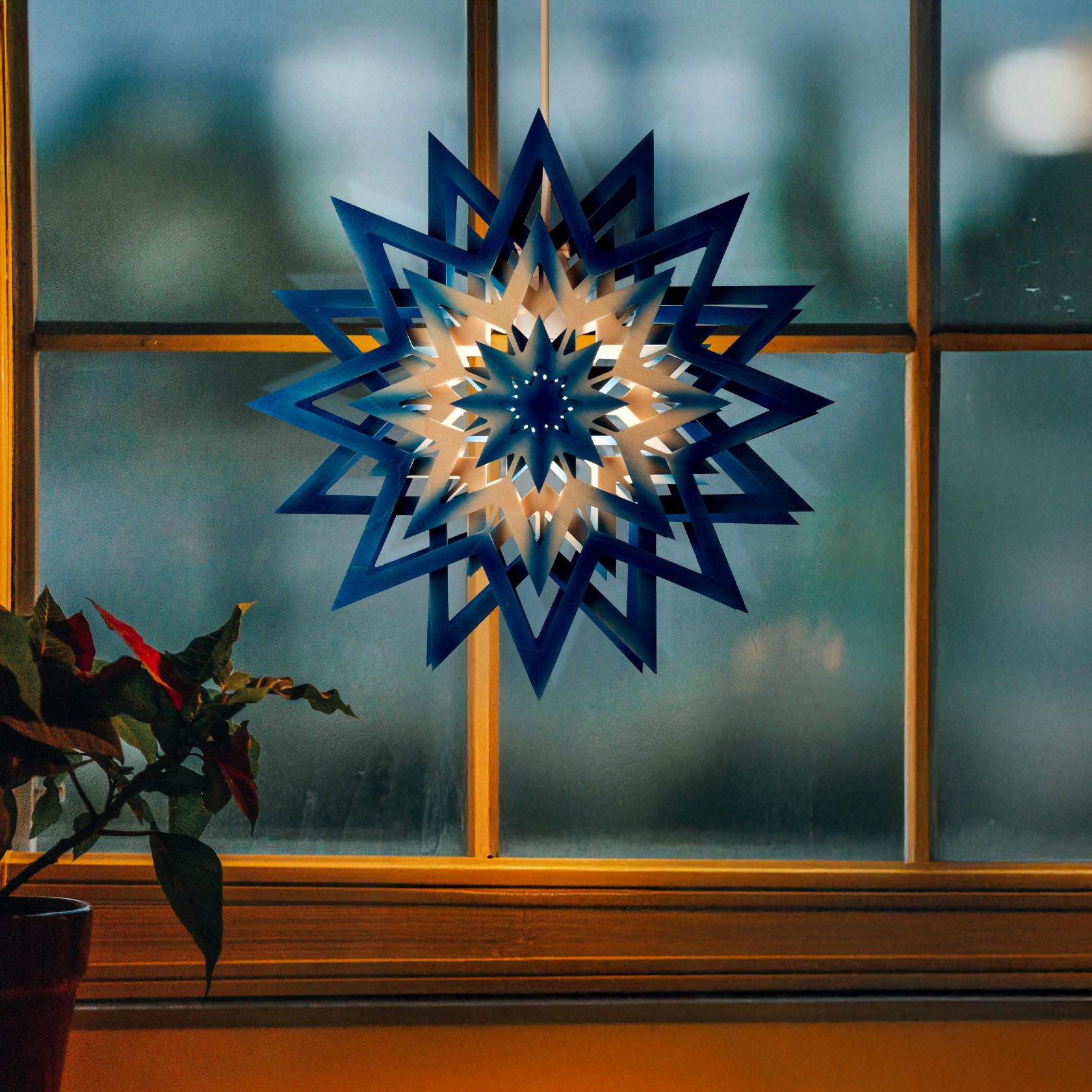 Ein blauer und naturfarbener Weihnachtsstern mit elektrischer Beleuchtung hängt an einem Fenster.