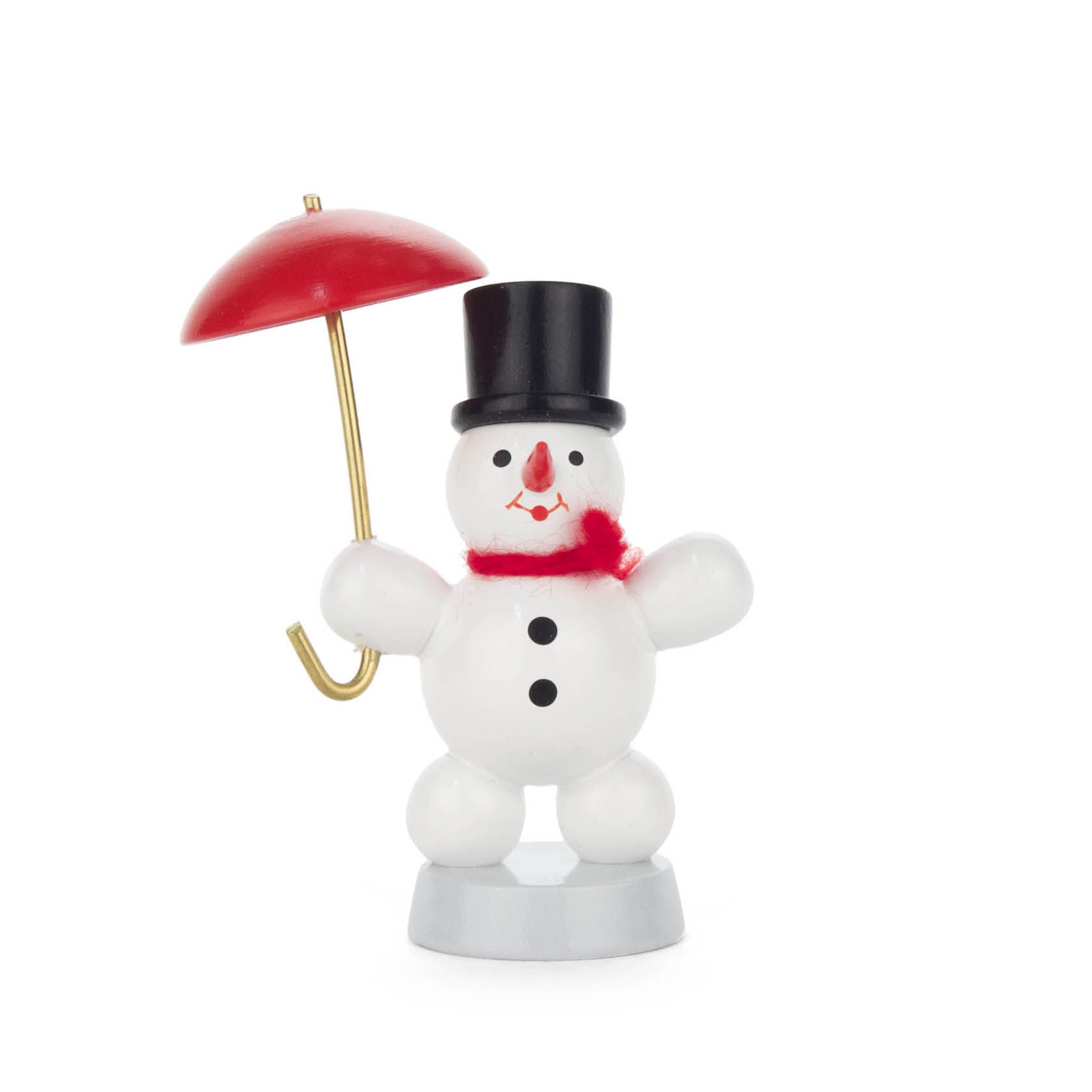 Ein kleiner Schneemann mit schwarzem Zylinder und rotem Schal, der einen roten Schirm hält. im Dregeno Online Shop günstig kaufen