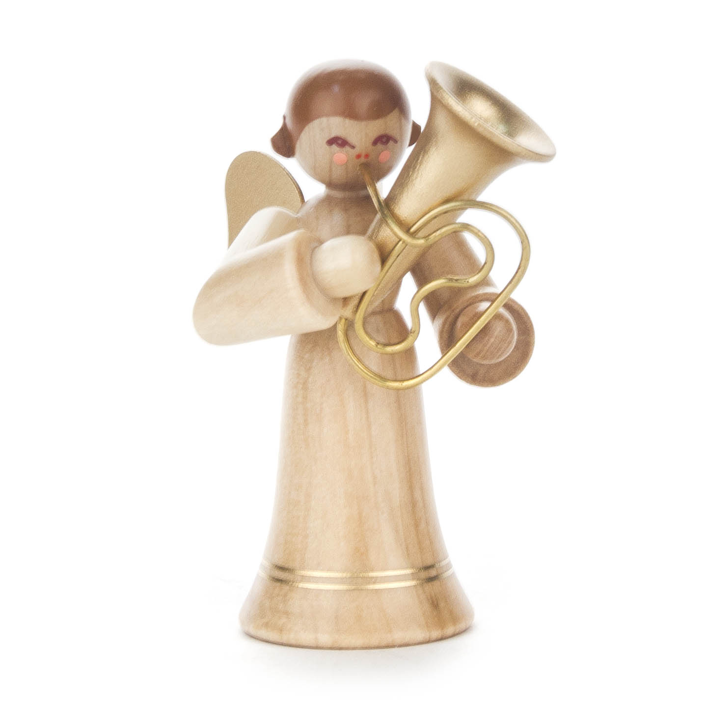 Holzengel mit braunem Haar und Flügeln spielt eine goldene Tuba; er trägt einen langen, naturfarbenen Rock. im Dregeno Online Shop günstig kaufen