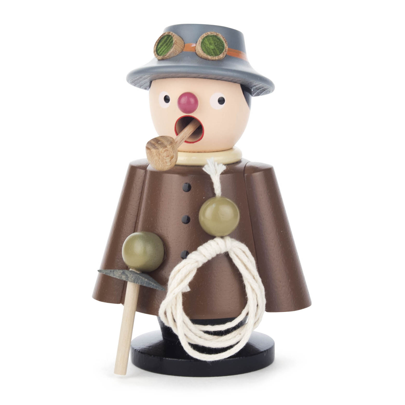 Ein hölzerner Räuchermann in Bergsteiger-Optik mit Hut, Pfeife und Seil um den Hals. im Dregeno Online Shop günstig kaufen
