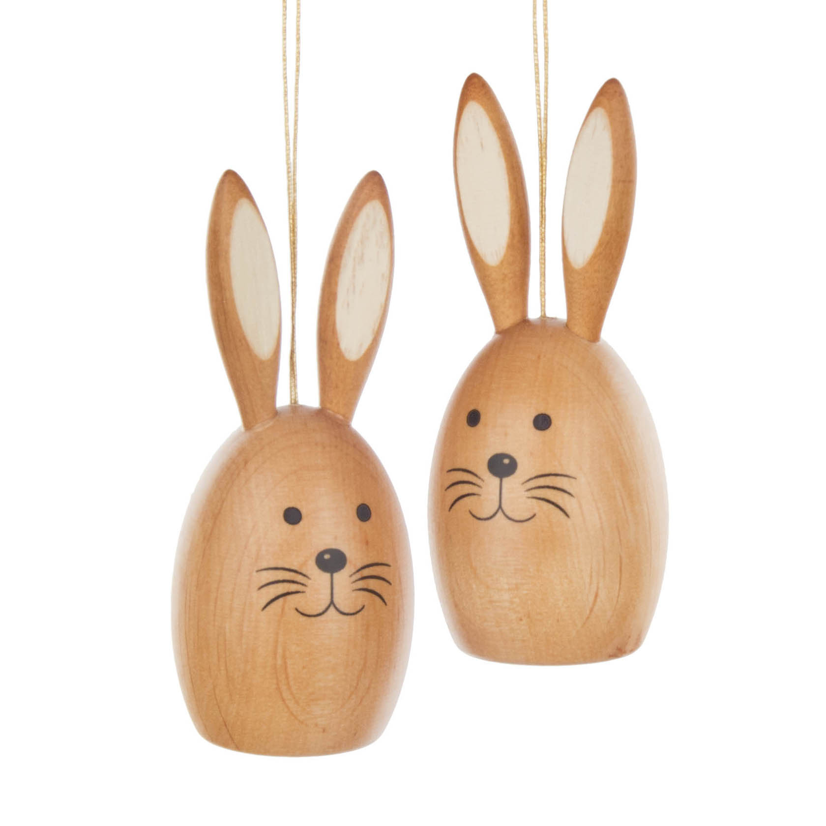 Zwei hölzerne, ovale Hasenköpfe mit Schnurrhaaren und langen aufrechten Ohren, an einem Faden zum Aufhängen befestigt. im Dregeno Online Shop günstig kaufen