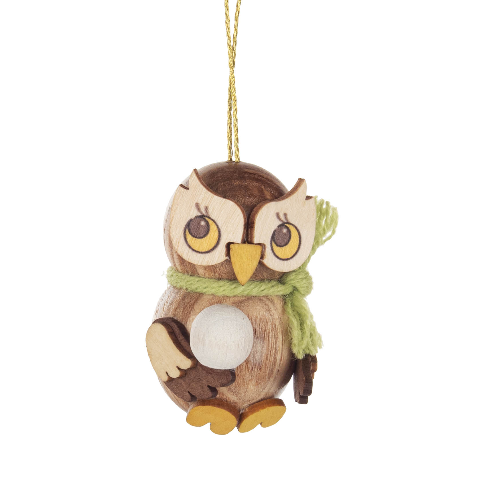 Kleiner Eulenschmuck aus Holz, trägt einen grünen Schal und hält einen weißen Schneeball in den Flügeln. im Dregeno Online Shop günstig kaufen