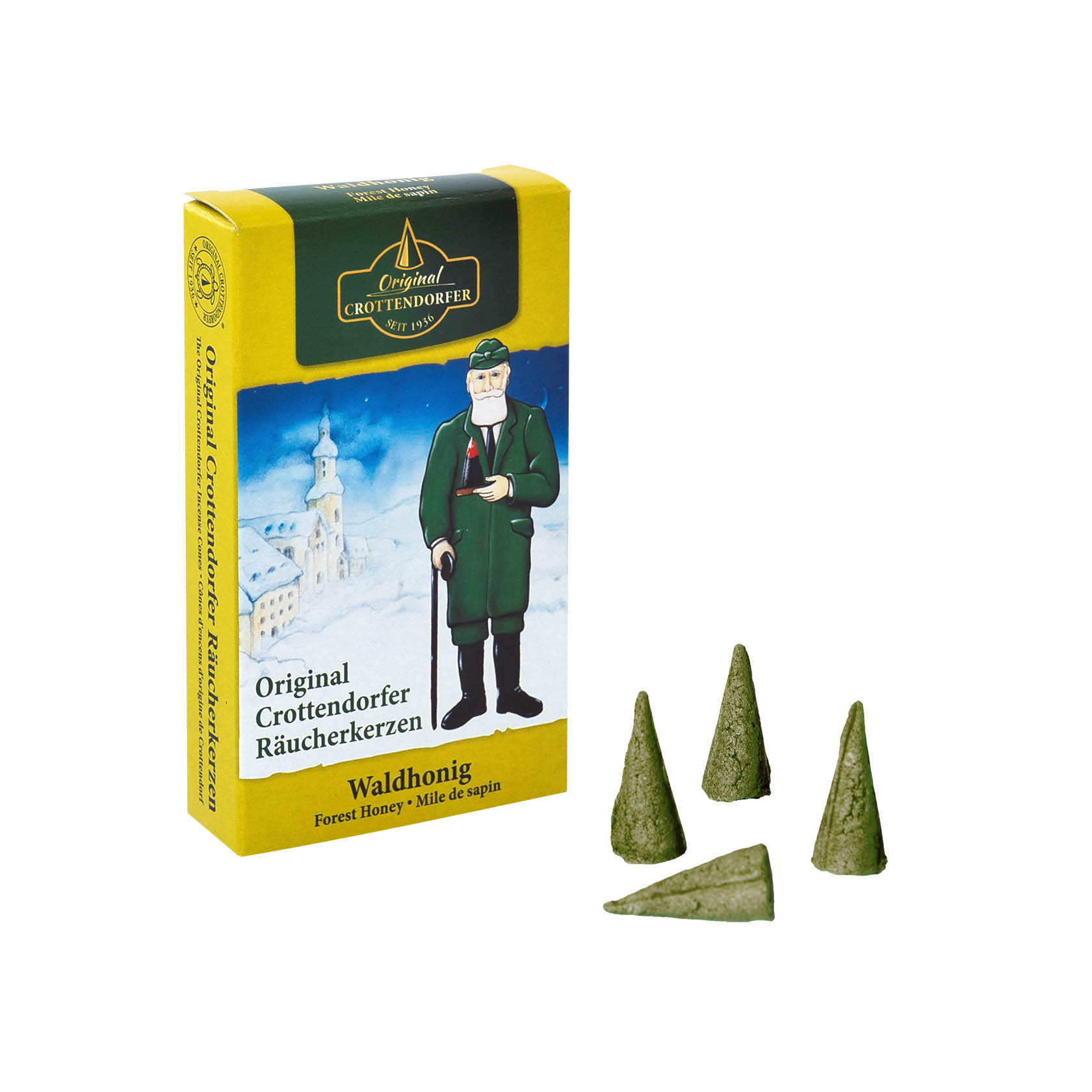 Eine Schachtel Crottendorfer Räucherkerzen mit der Geschmacksrichtung Waldhonig, zeigt eine Illustration eines Mannes in traditioneller Tracht. Einige grüne Räucherkerzen liegen daneben. im Dregeno Online Shop günstig kaufen