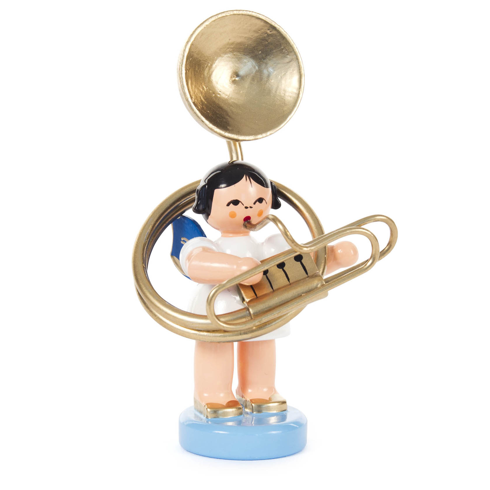 Holzfigur eines Engels mit blauen Flügeln, der ein goldenes Sousaphon spielt. Der Engel steht auf einem blauen Sockel. im Dregeno Online Shop günstig kaufen