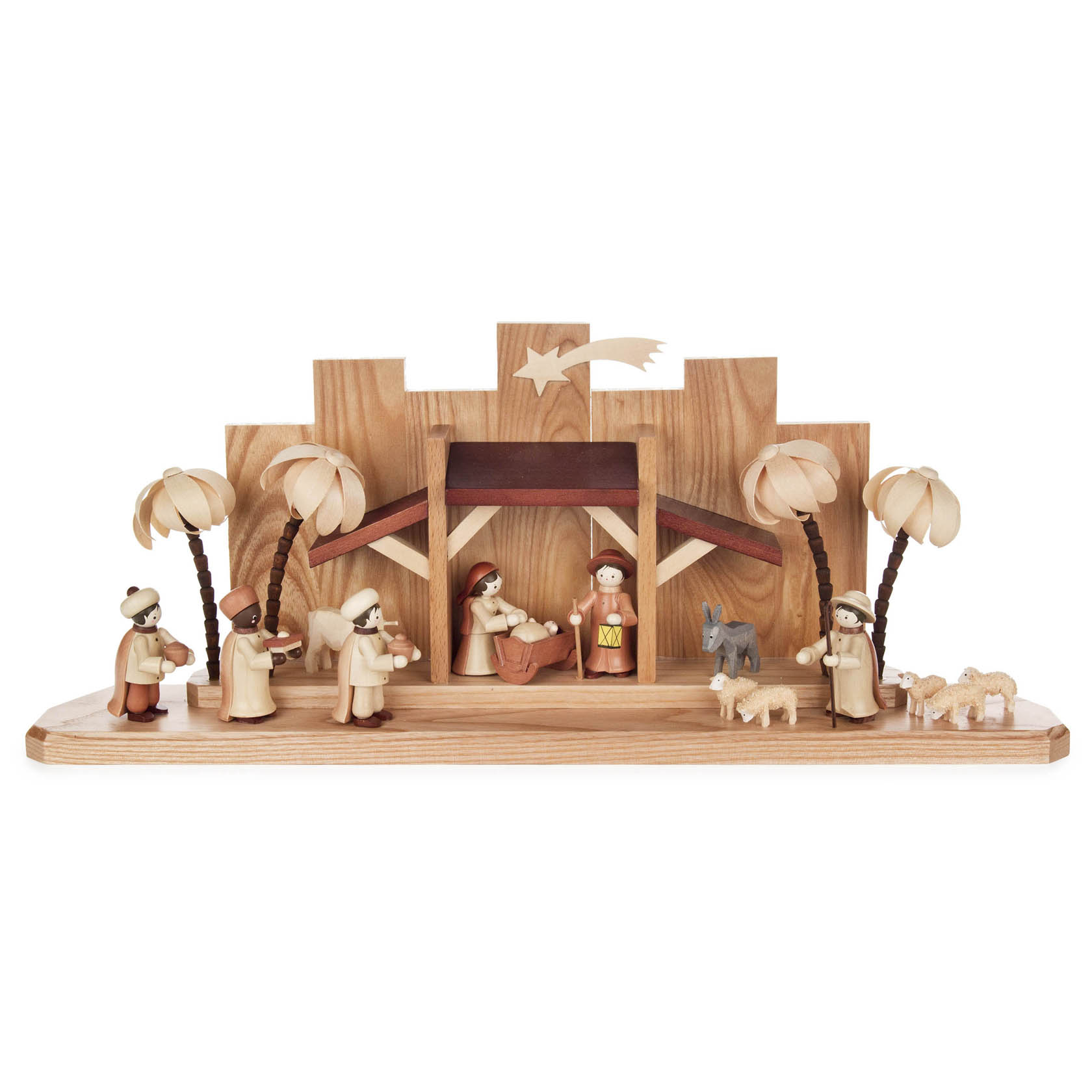 Komplette Krippenlandschaft aus Holz mit Jesuskind, Maria, Josef, drei Königen, Hirten und Tieren unter einem Holzunterstand mit Palmen. im Dregeno Online Shop günstig kaufen