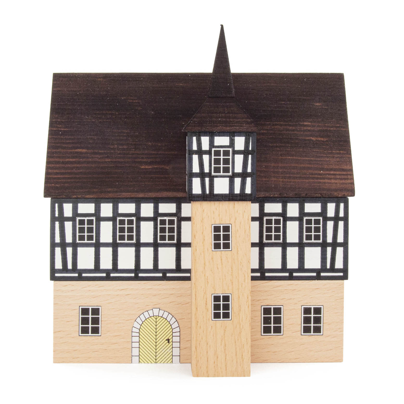 Ein Miniaturmodell eines Fachwerk-Rathauses mit schwarzem Schindeldach und zentralem Turm. im Dregeno Online Shop günstig kaufen
